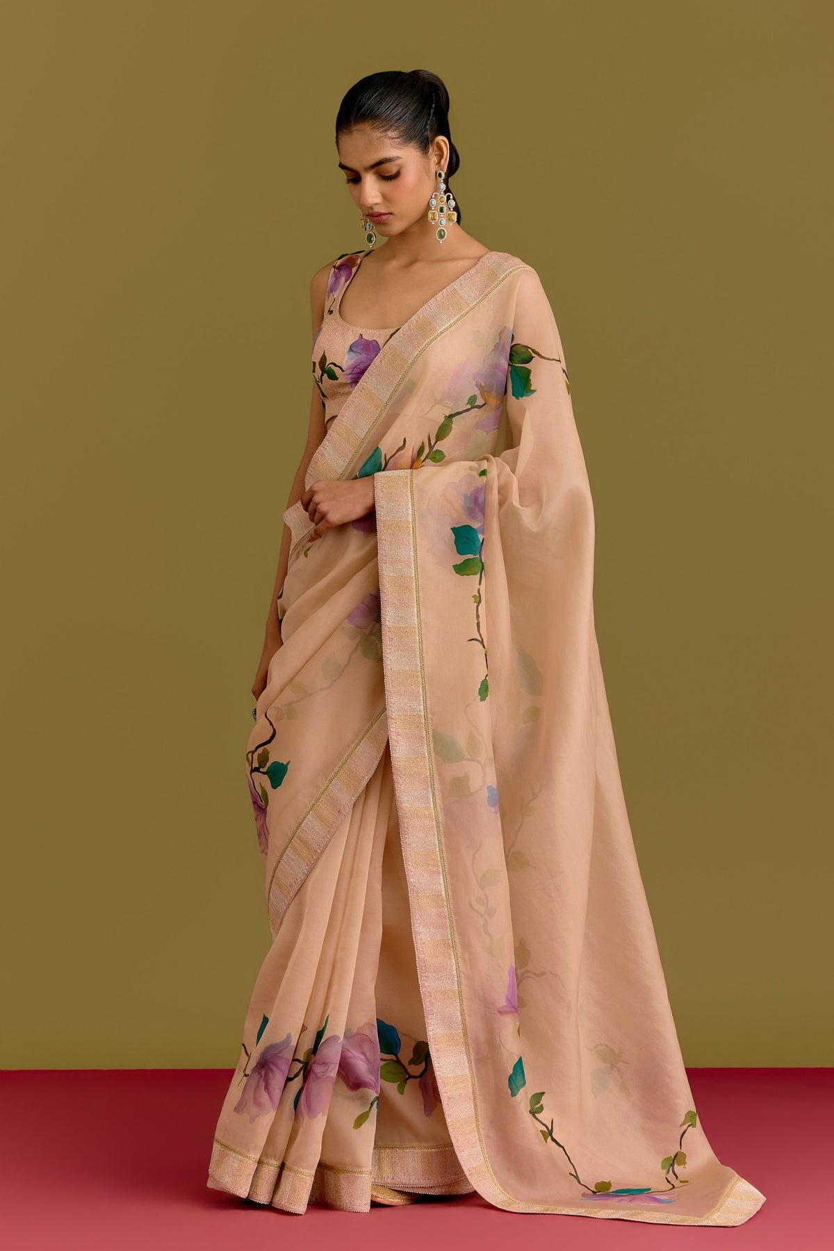Beige Hand Painted Saree Set
