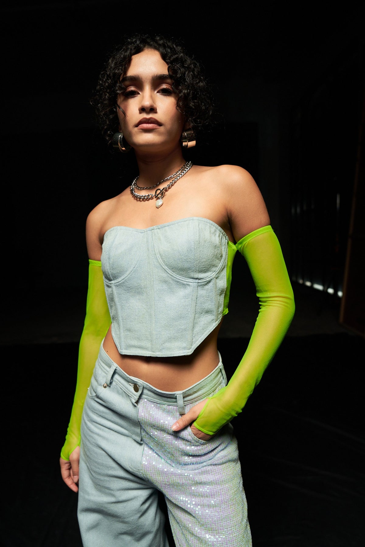 Denim Corset With Net Sleeves