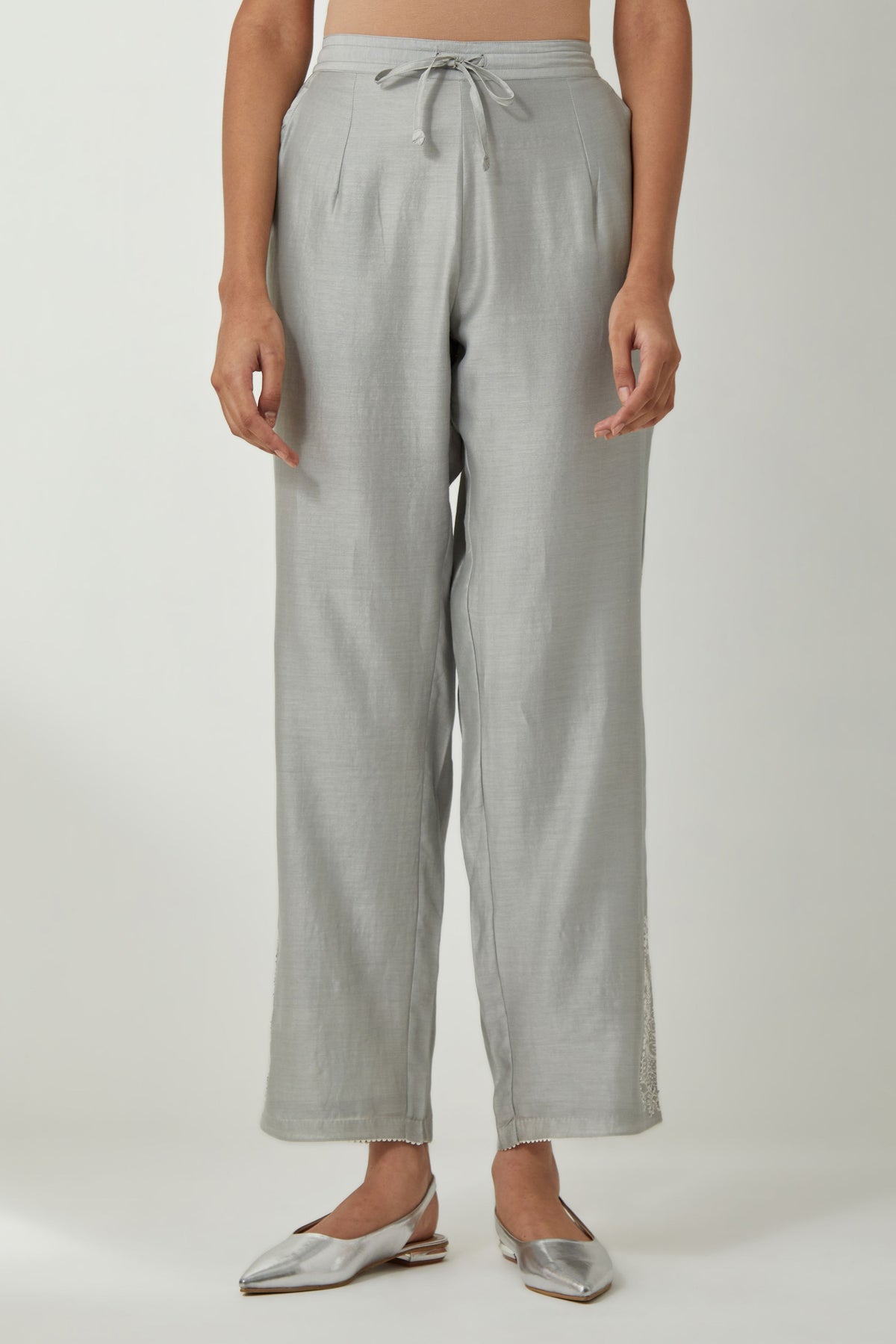 Grey Silk Chanderi Straight Pants