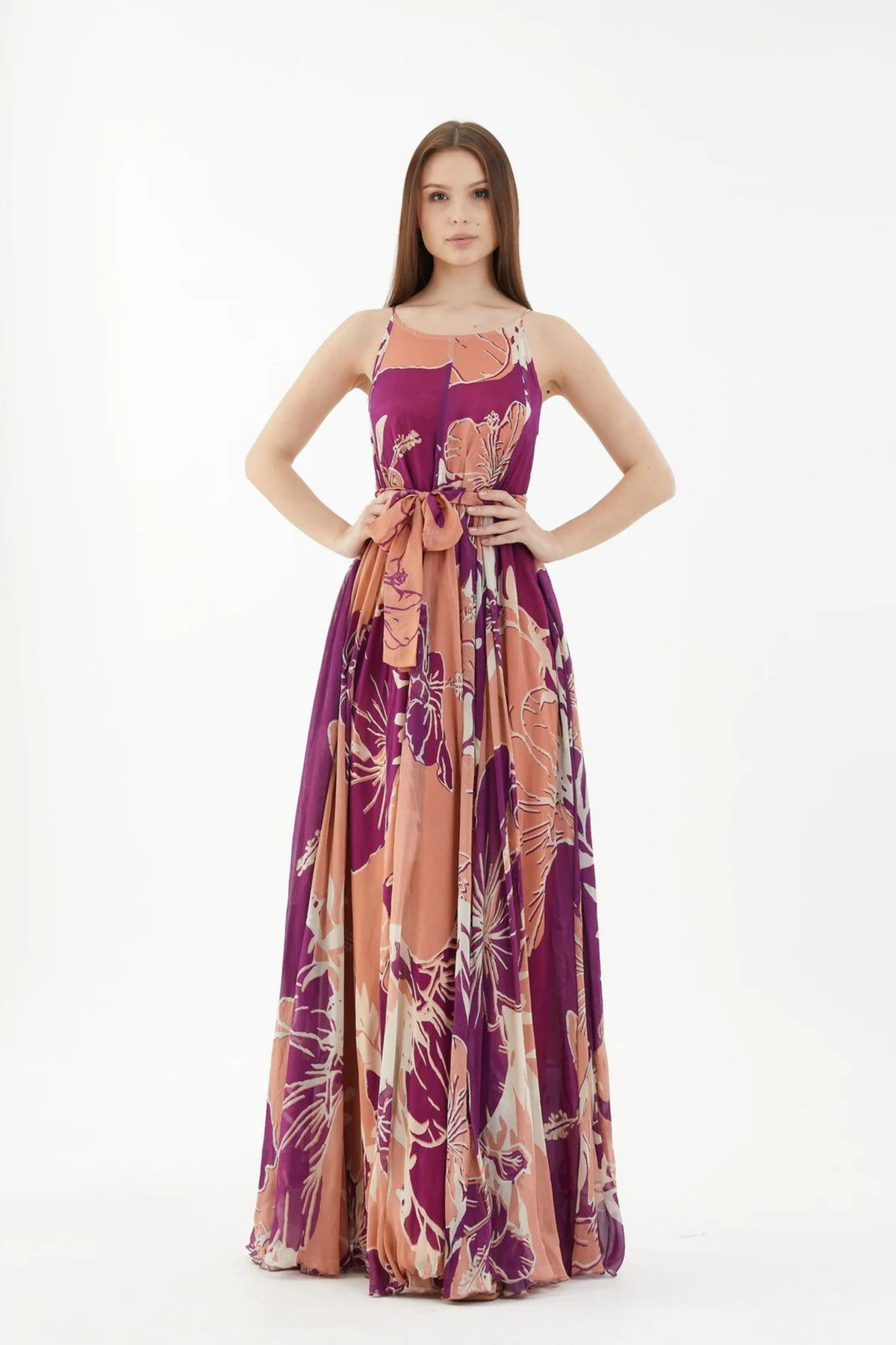 Purple, White And Orange Floral Spaghetti Long Dress