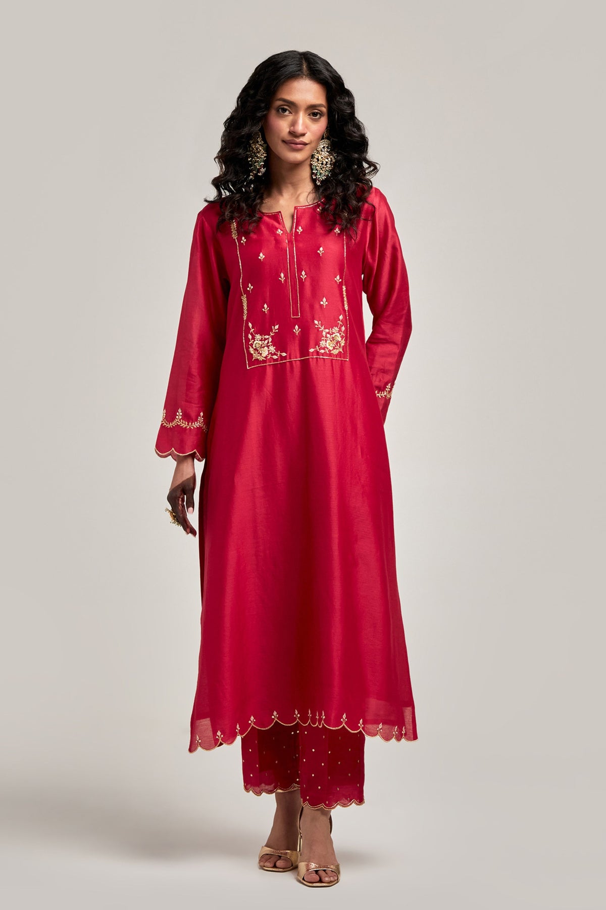 Embroidered Red Kurta Set