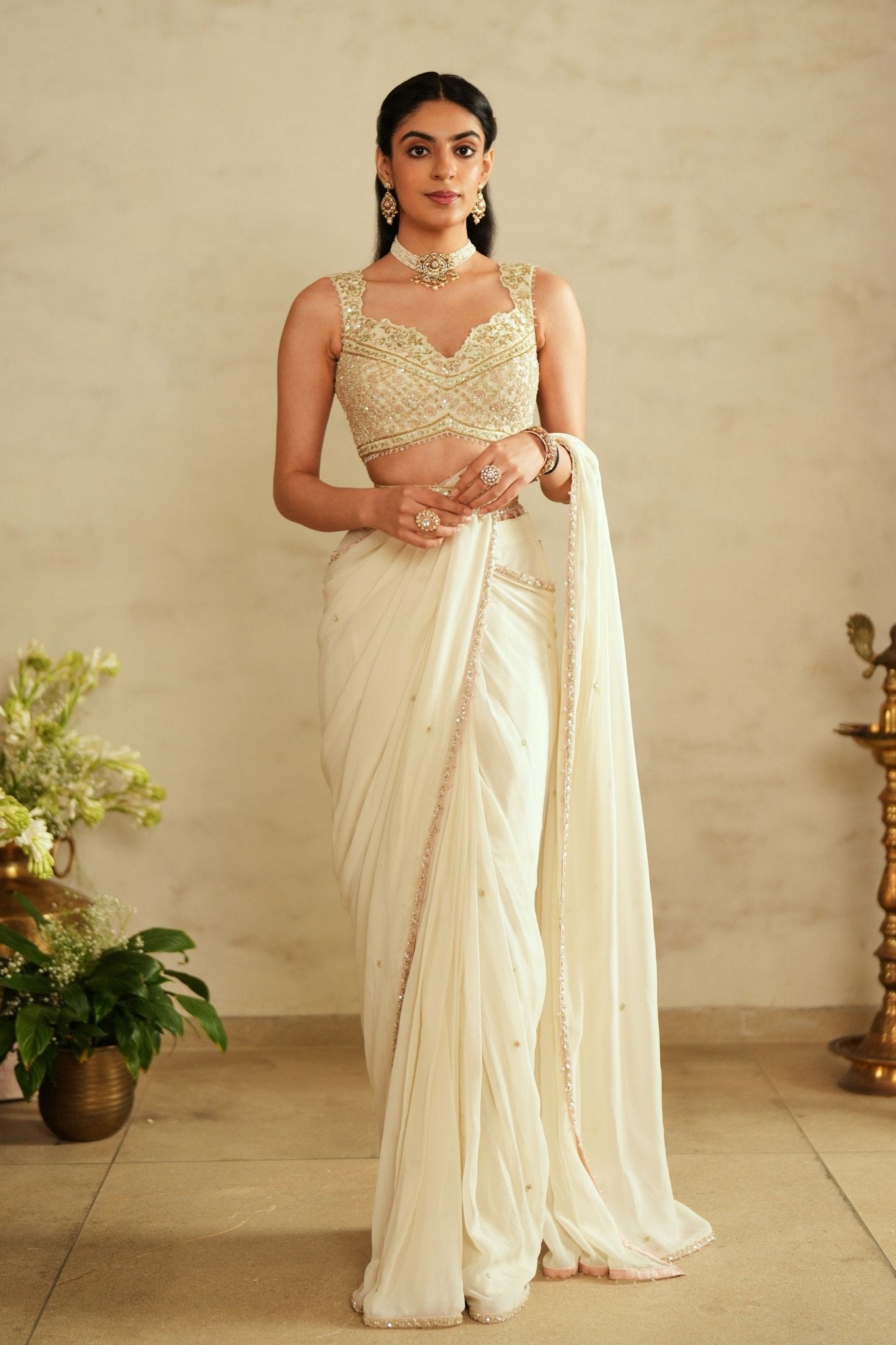 Chic Ivory Pre Draped Saree - Saisha By Charu Arora - Elahe