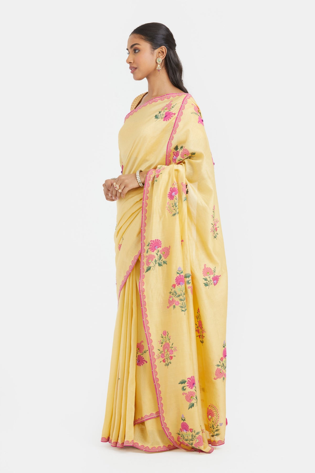 Yellow Silk Chanderi Saree Set