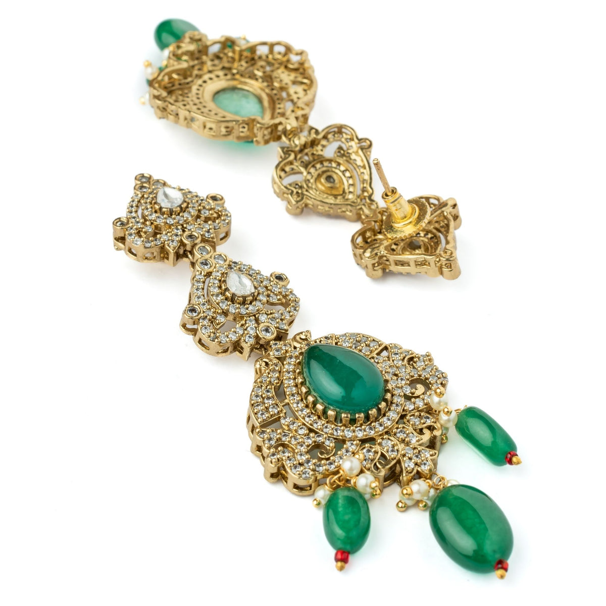 Gold Plated Green Necklace Set With Maangtikka
