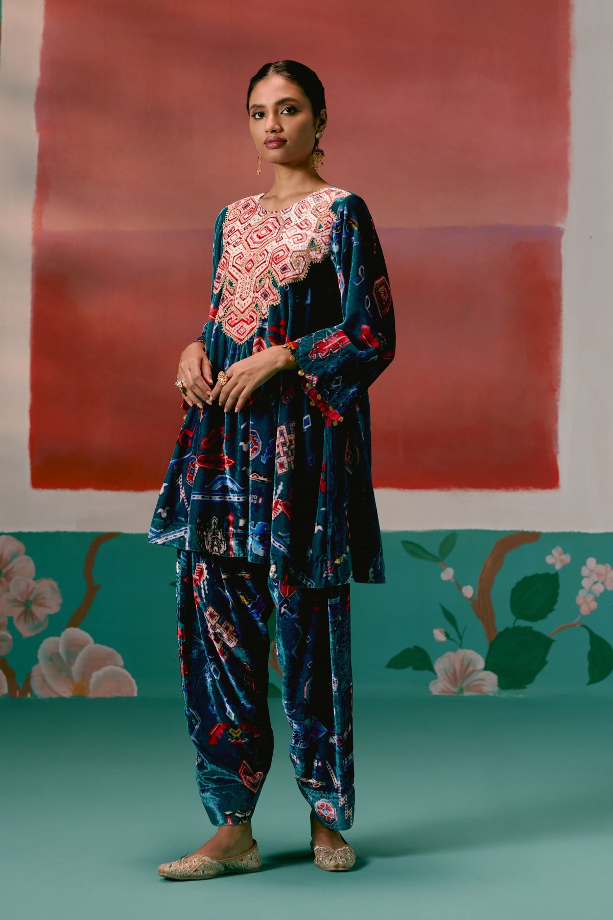 Teal Aztec Velvet Tunic Set