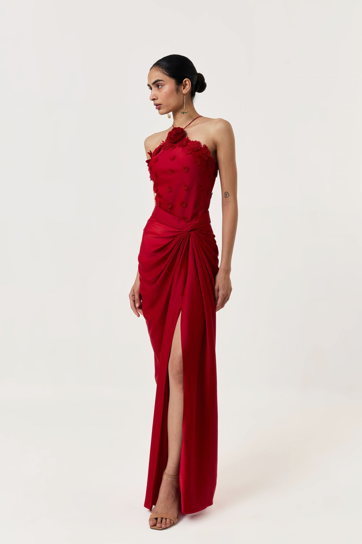 3d Floral Halter Red Skirt Set