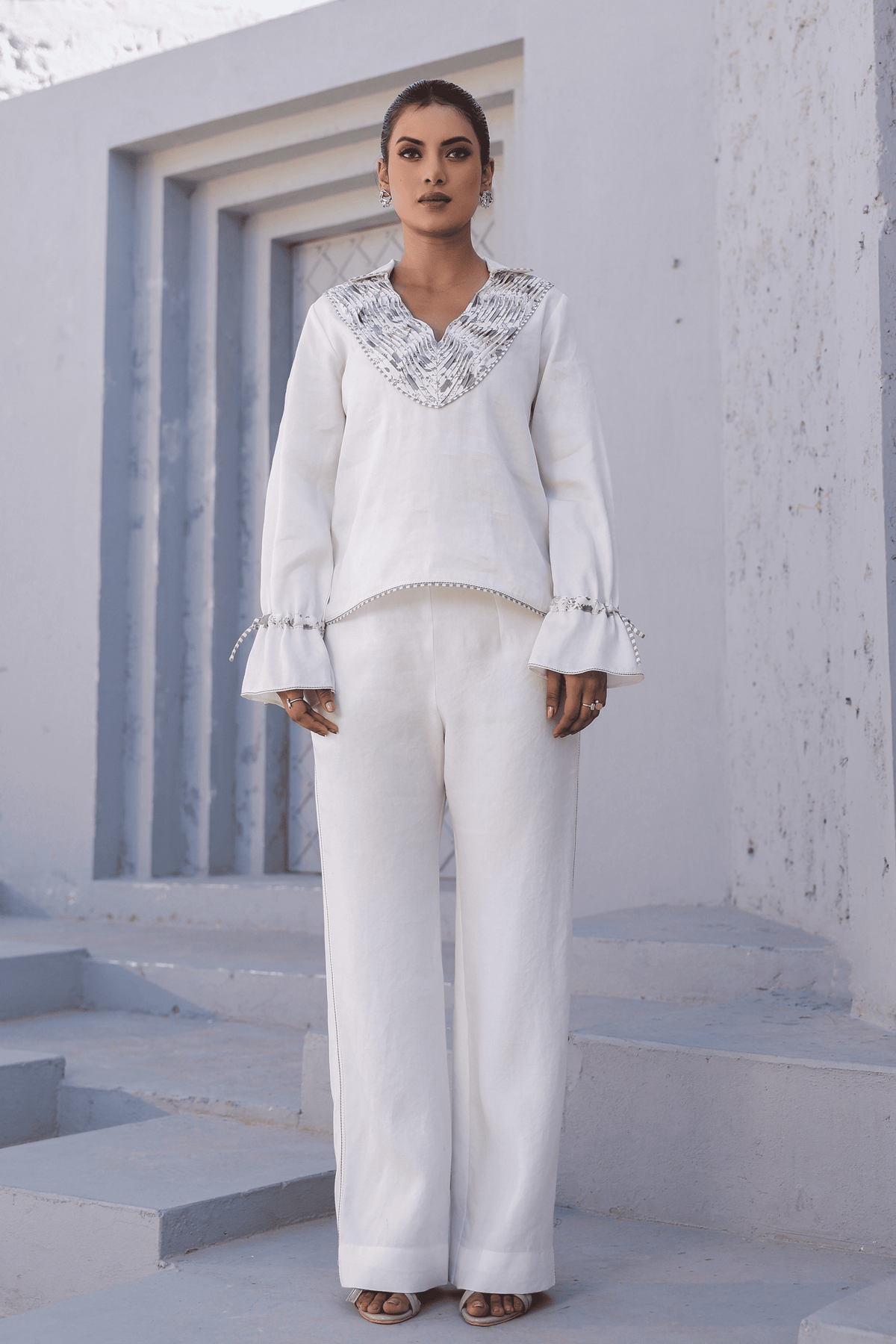 Azure Pintuck V Neck Top in White