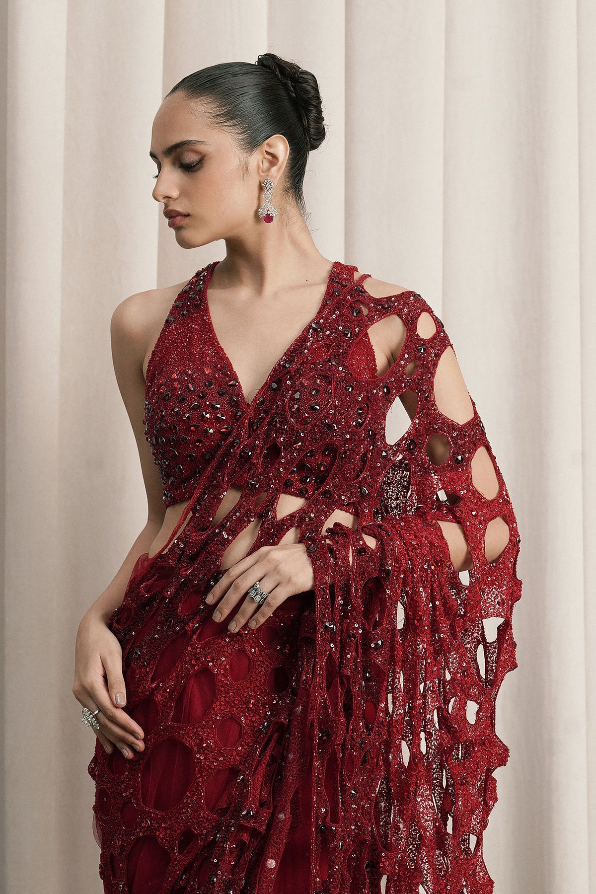 Red Teardrop Crystal Net Saree Set