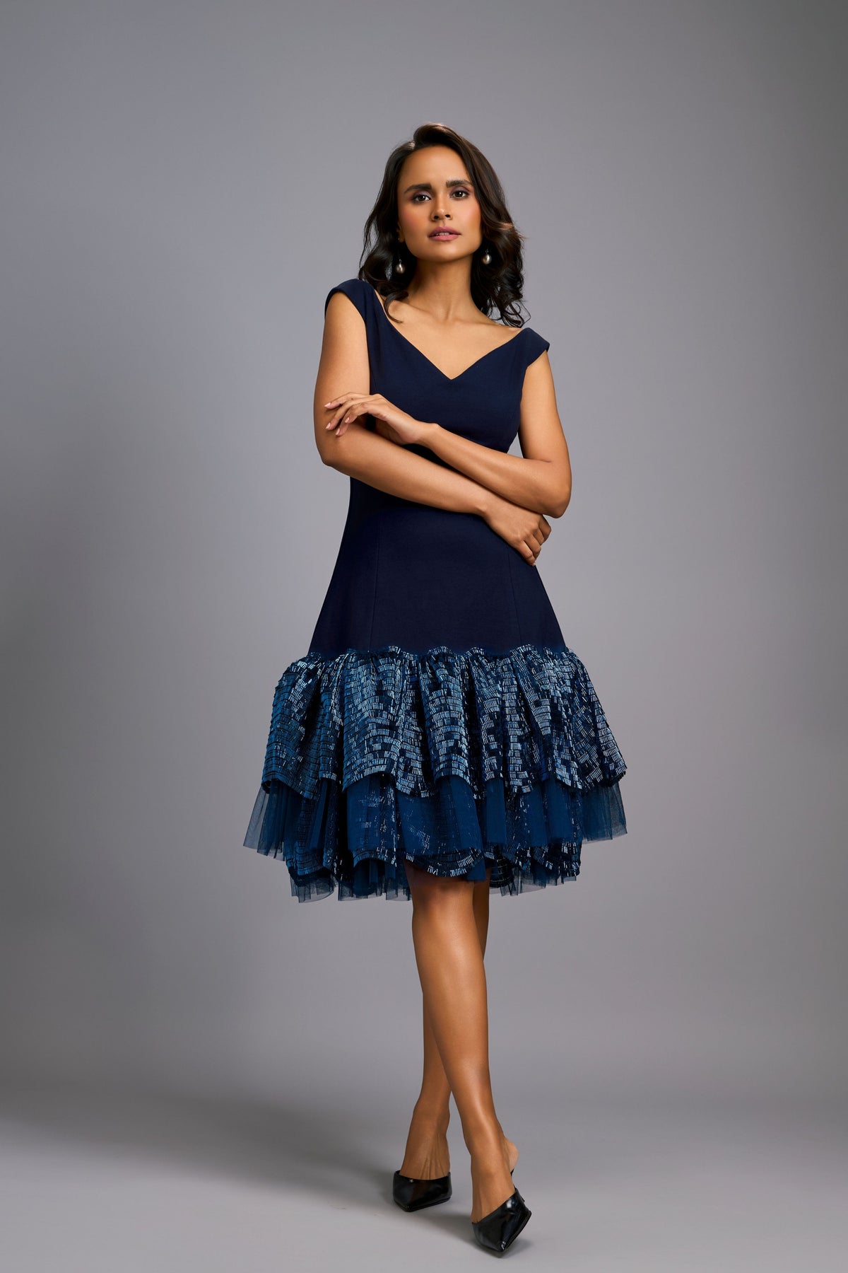 Off-Shoulder Navy Shimmer Dress