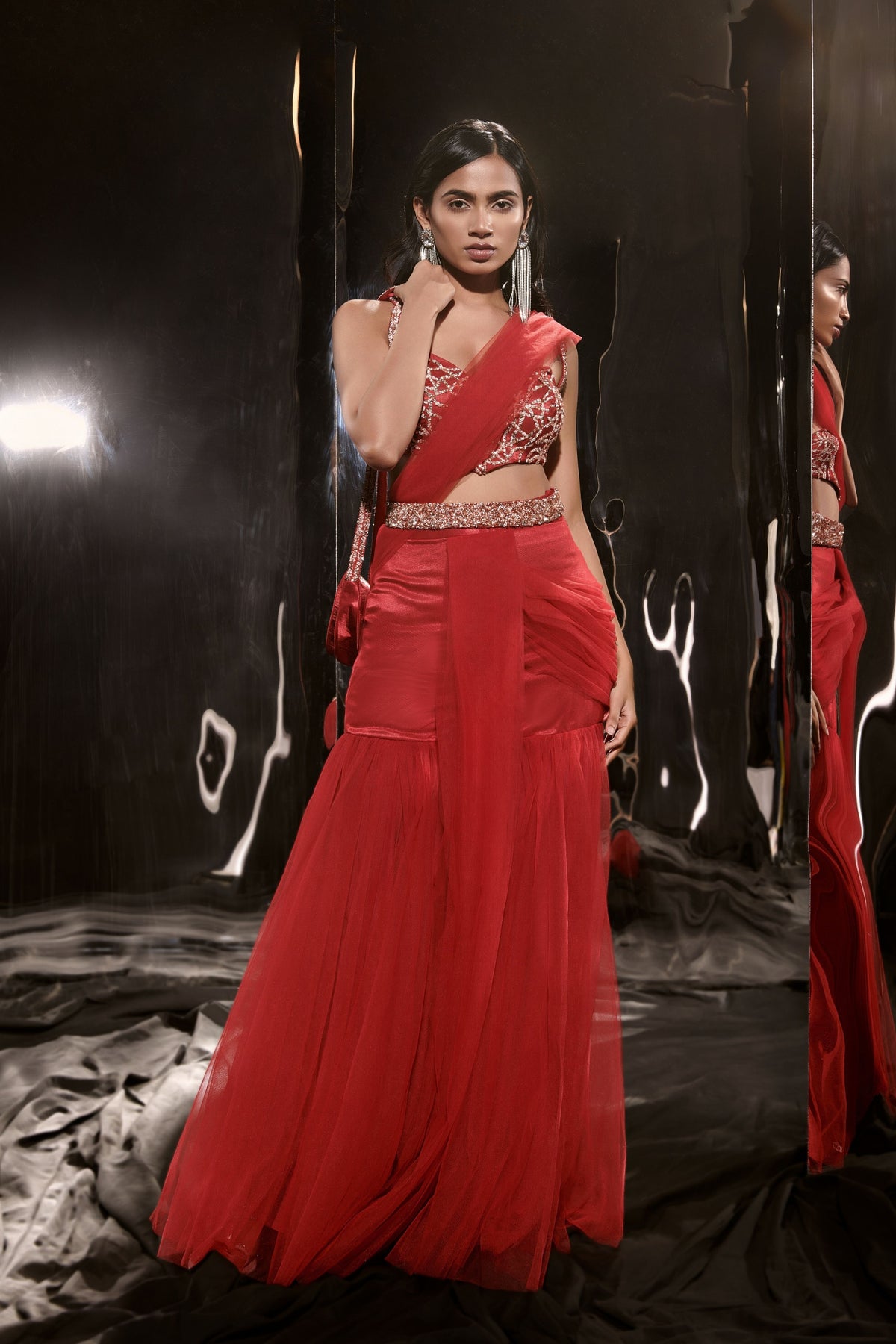 Red Sharara Saree Set