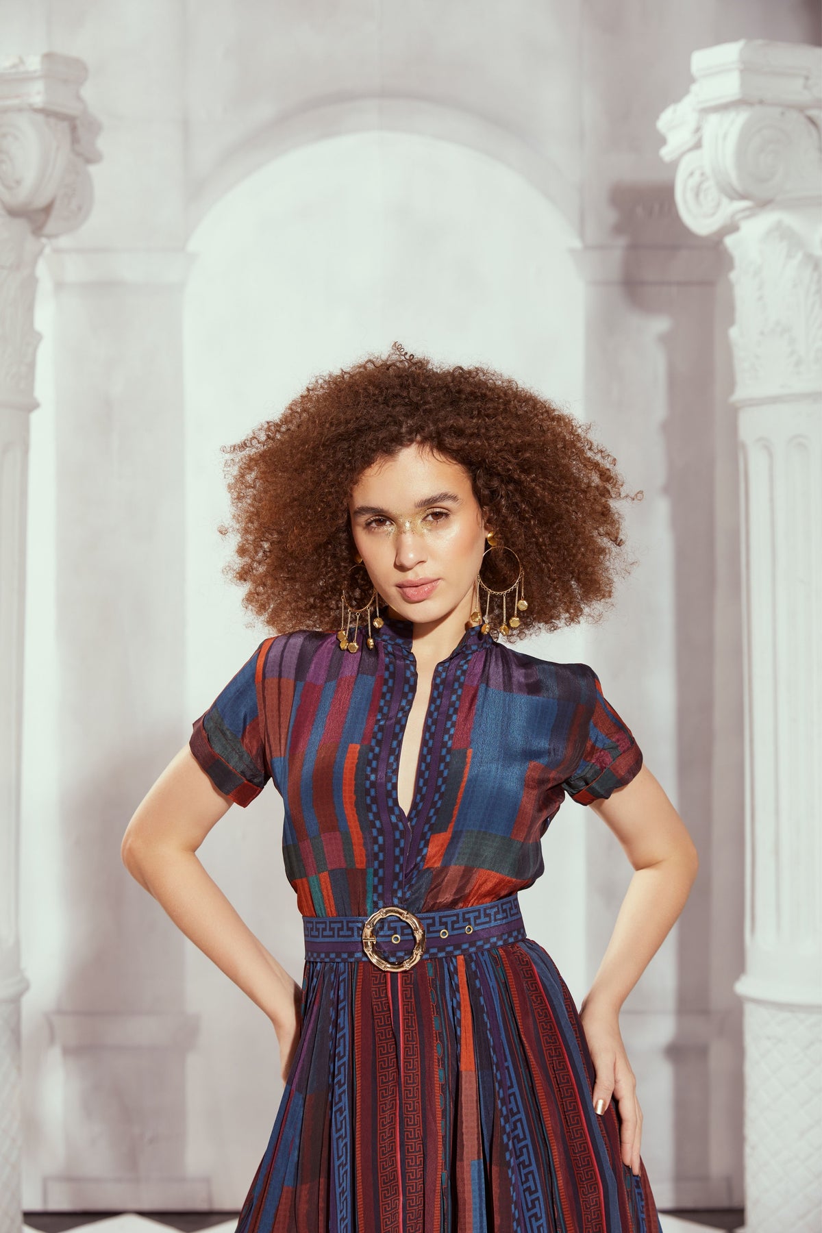 Tangerine Tile Print Long Dress With  Belt