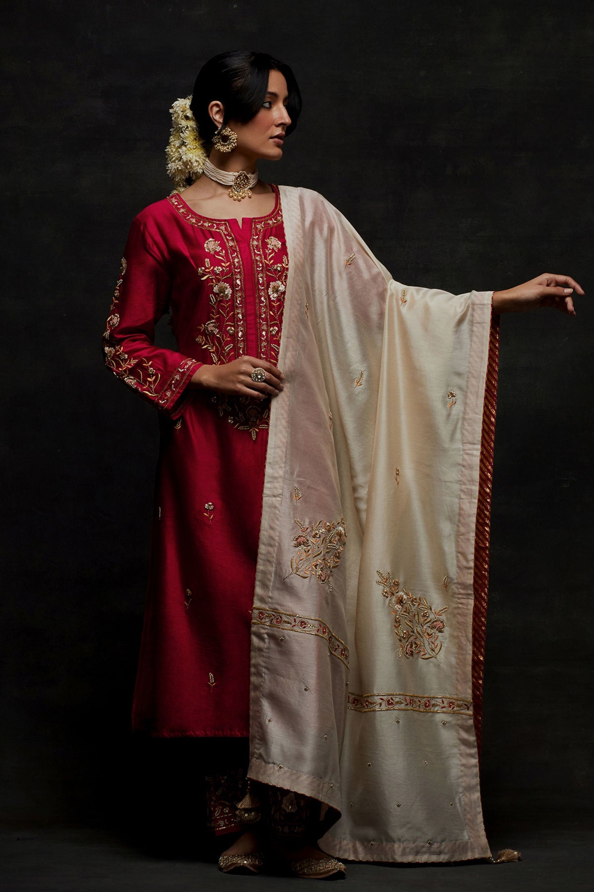 Cream Embroidered Dupatta