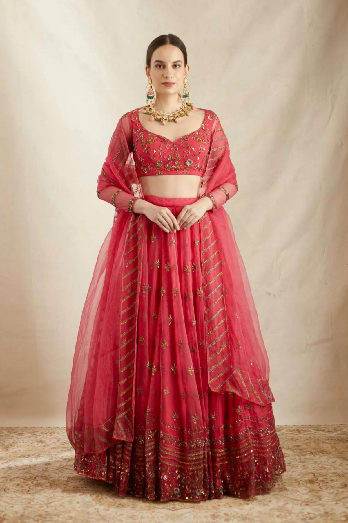 Carmine Pink Organza Lehenga Set