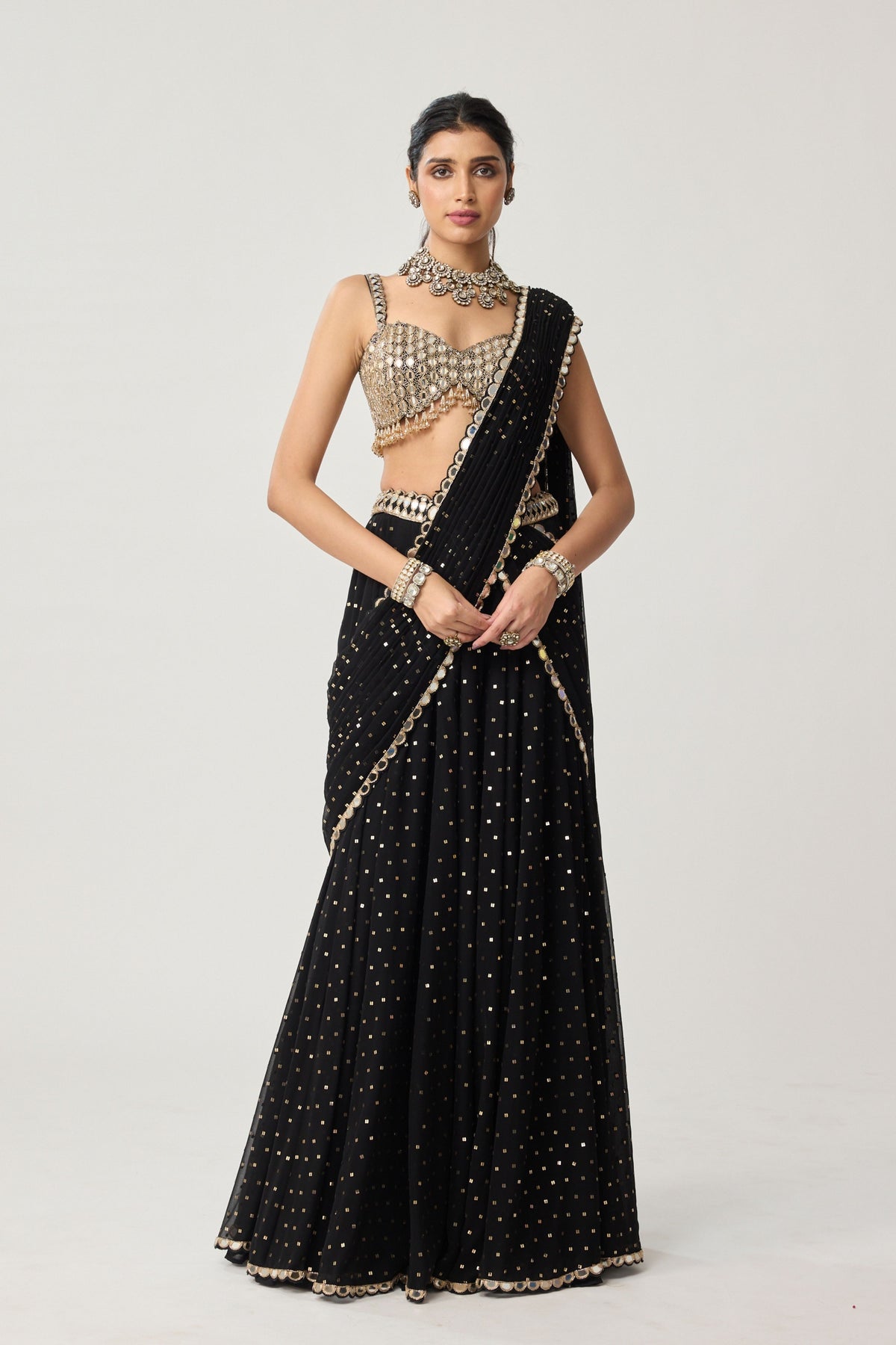Black Flared Pants Draped Saree Set
