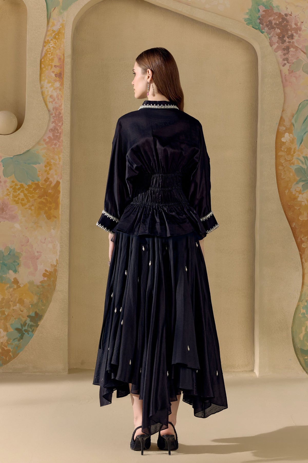 Black Beadwork Asymmetric Skirt