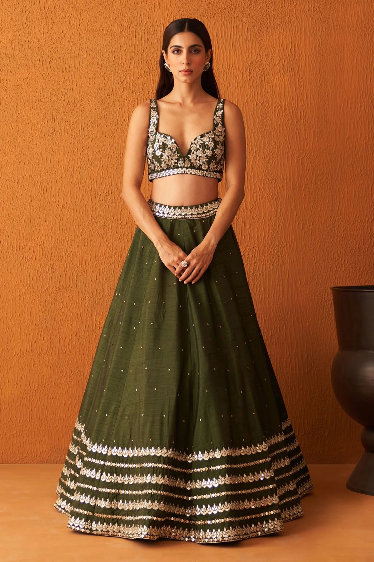 Forest Green Raw Silk Lehenga Set