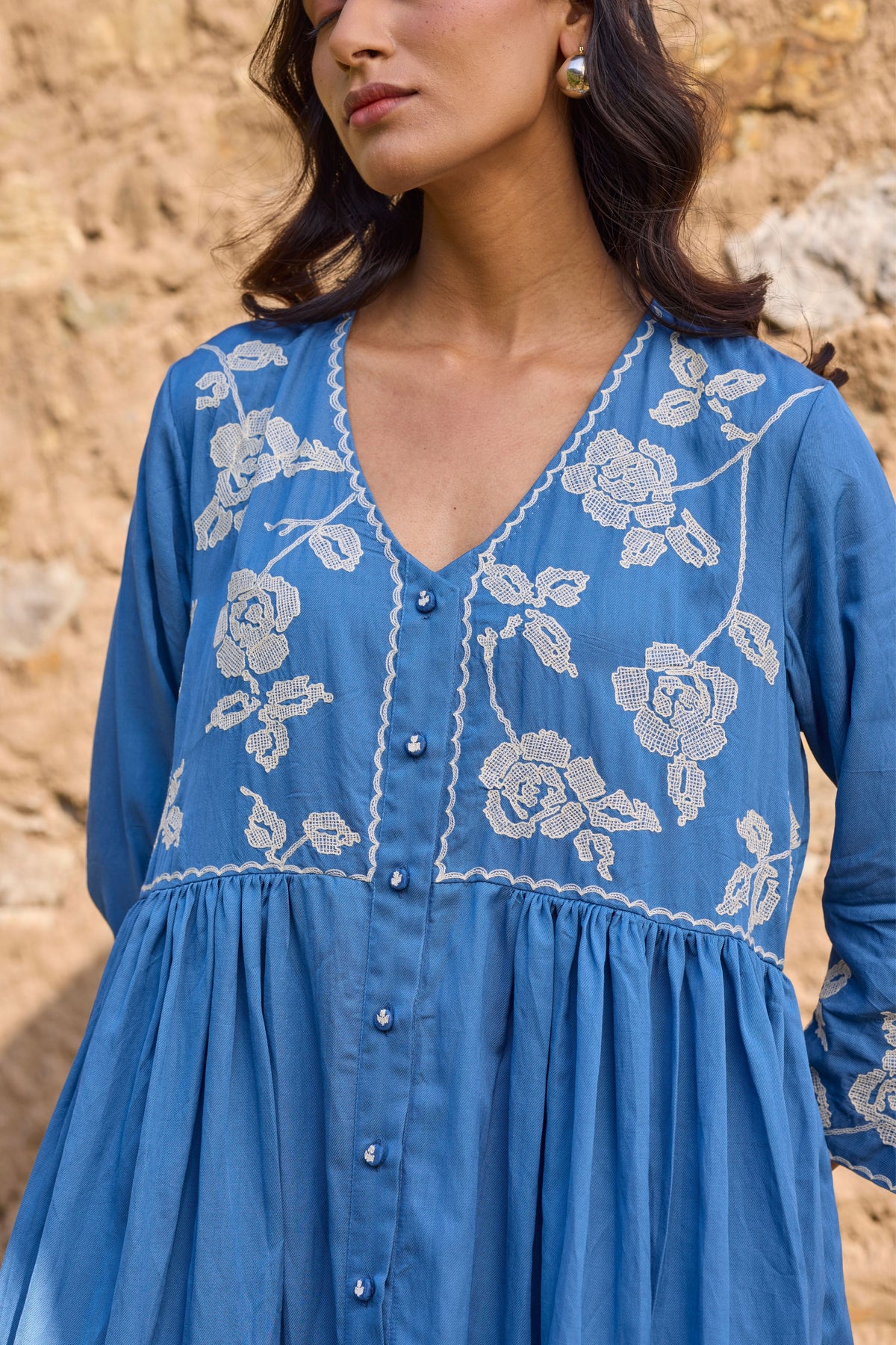 Blue Gathered Embroidered Kurta