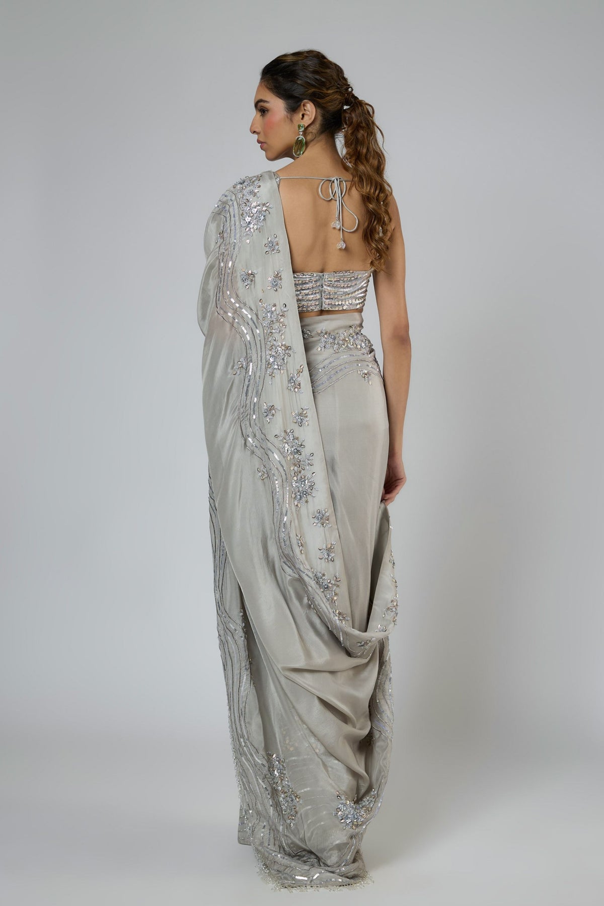 Grey Embroidered Draped Saree Set