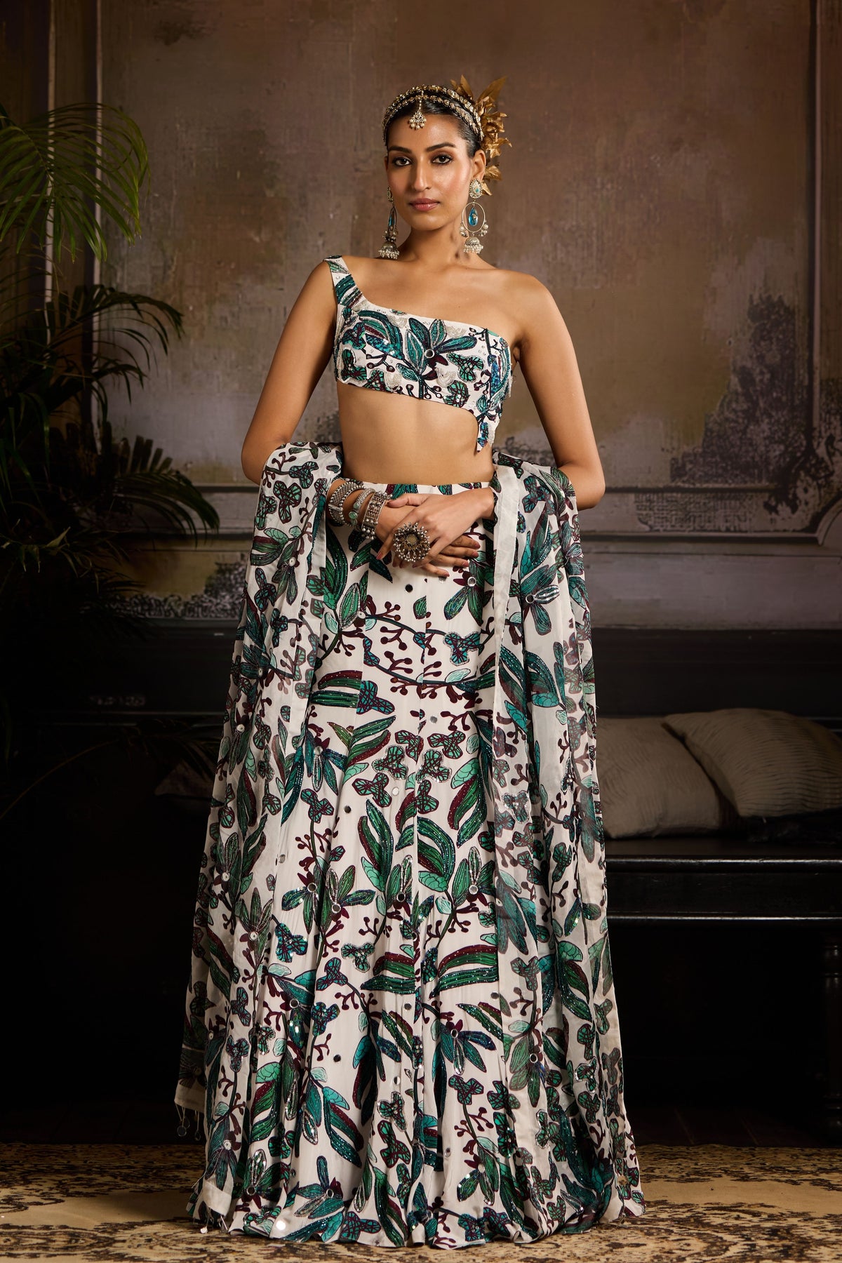 White and Teal Lehenga Set
