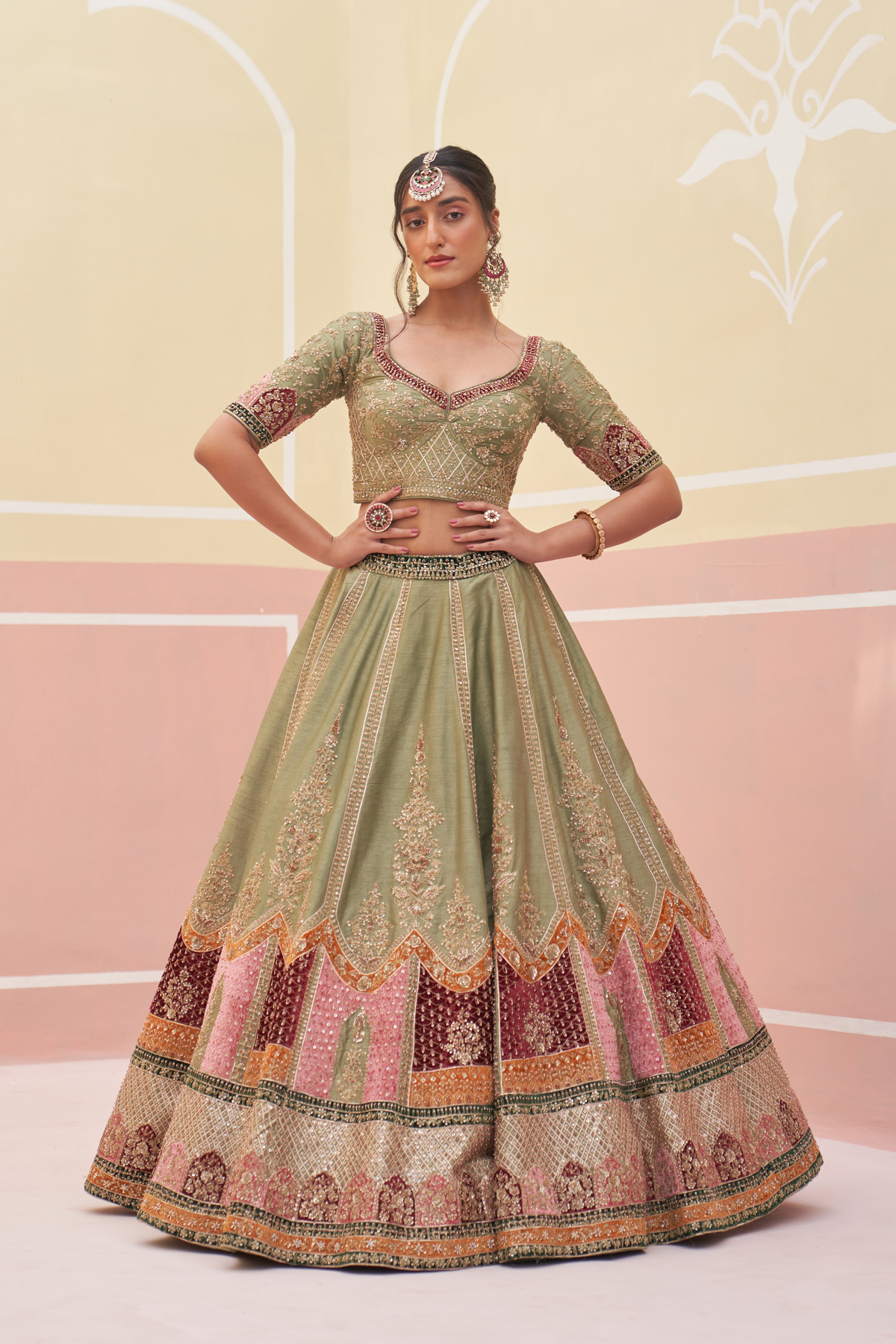 Green Raw Silk Lehenga Set