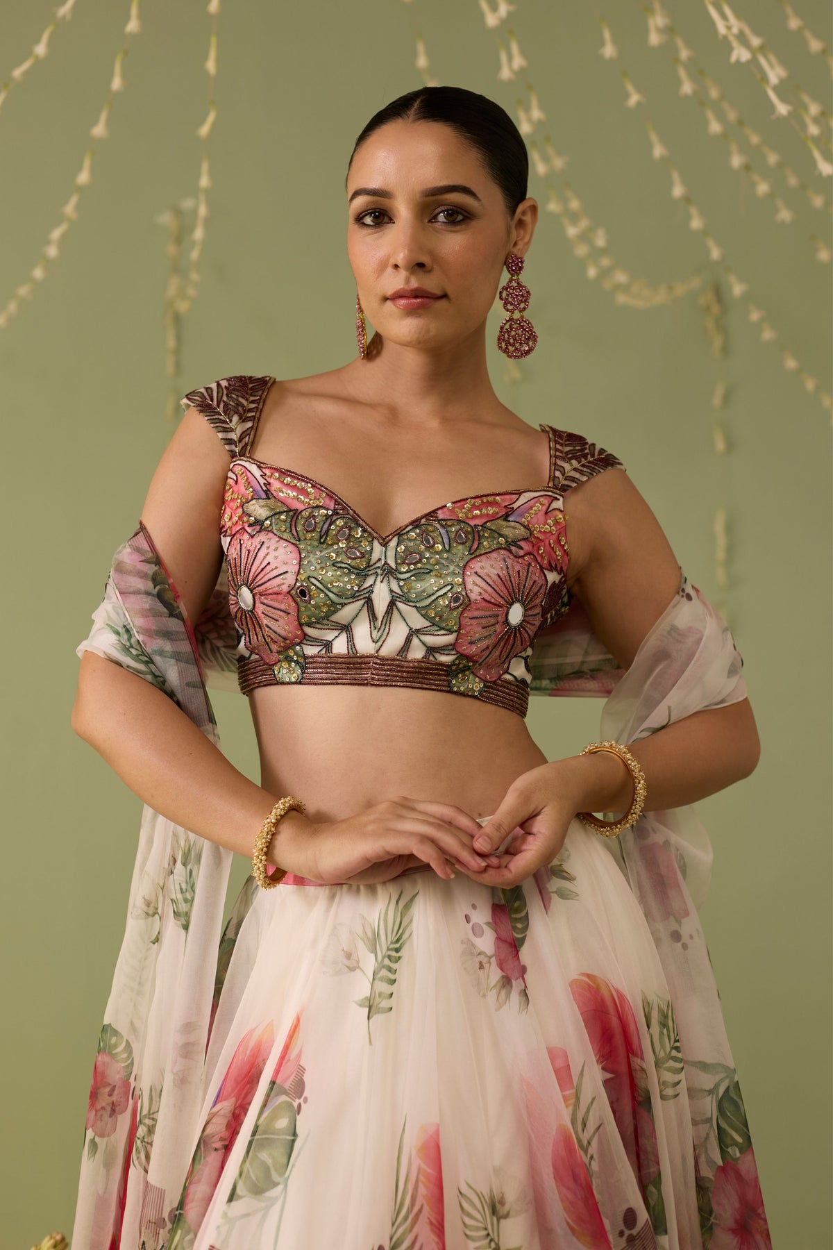 White Printed Organza Lehenga Set