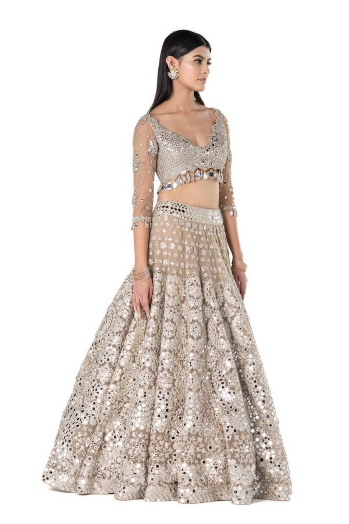 Mirror Work Lehenga Set in Beige