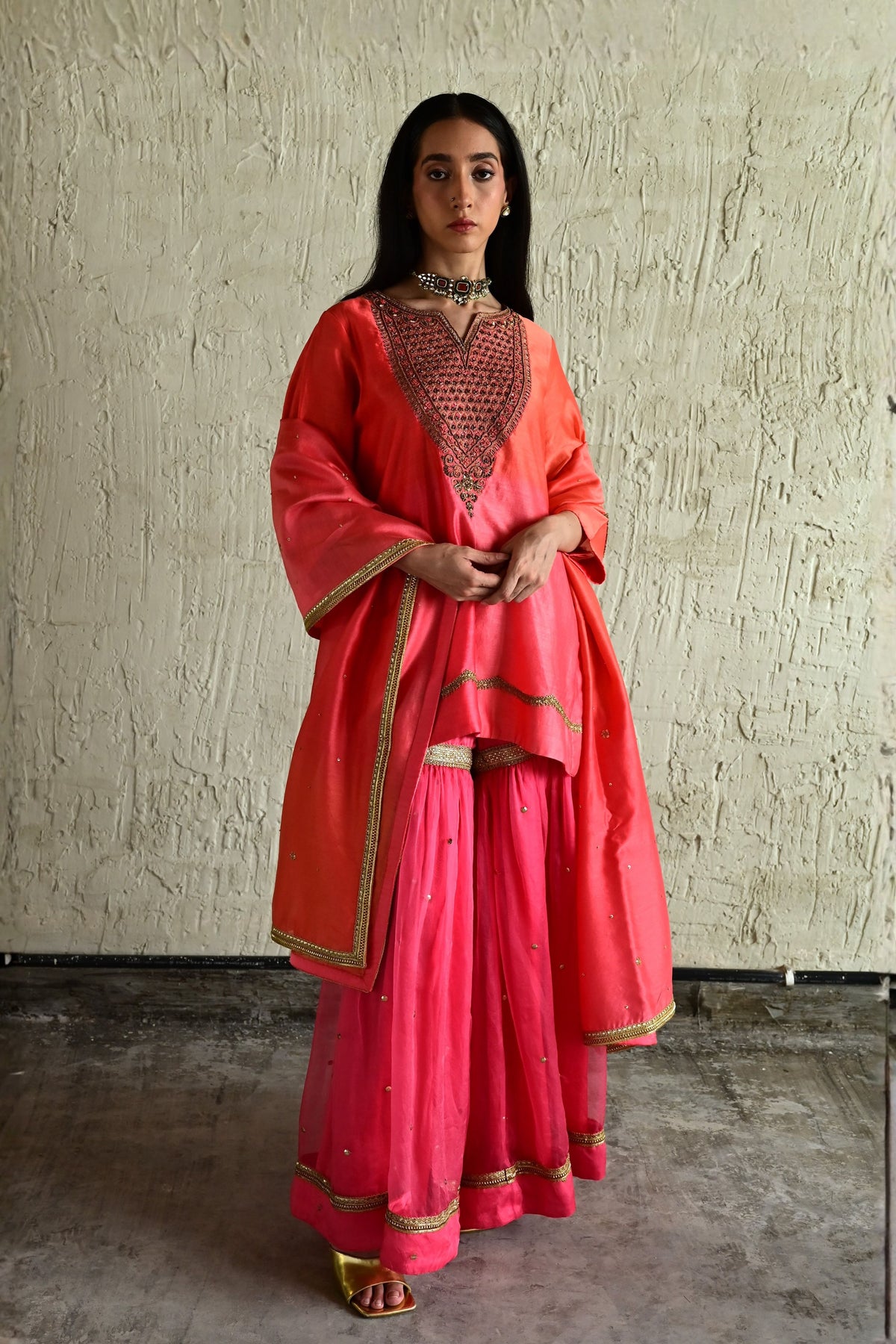 Coral Pink Ghevar Kurta Set
