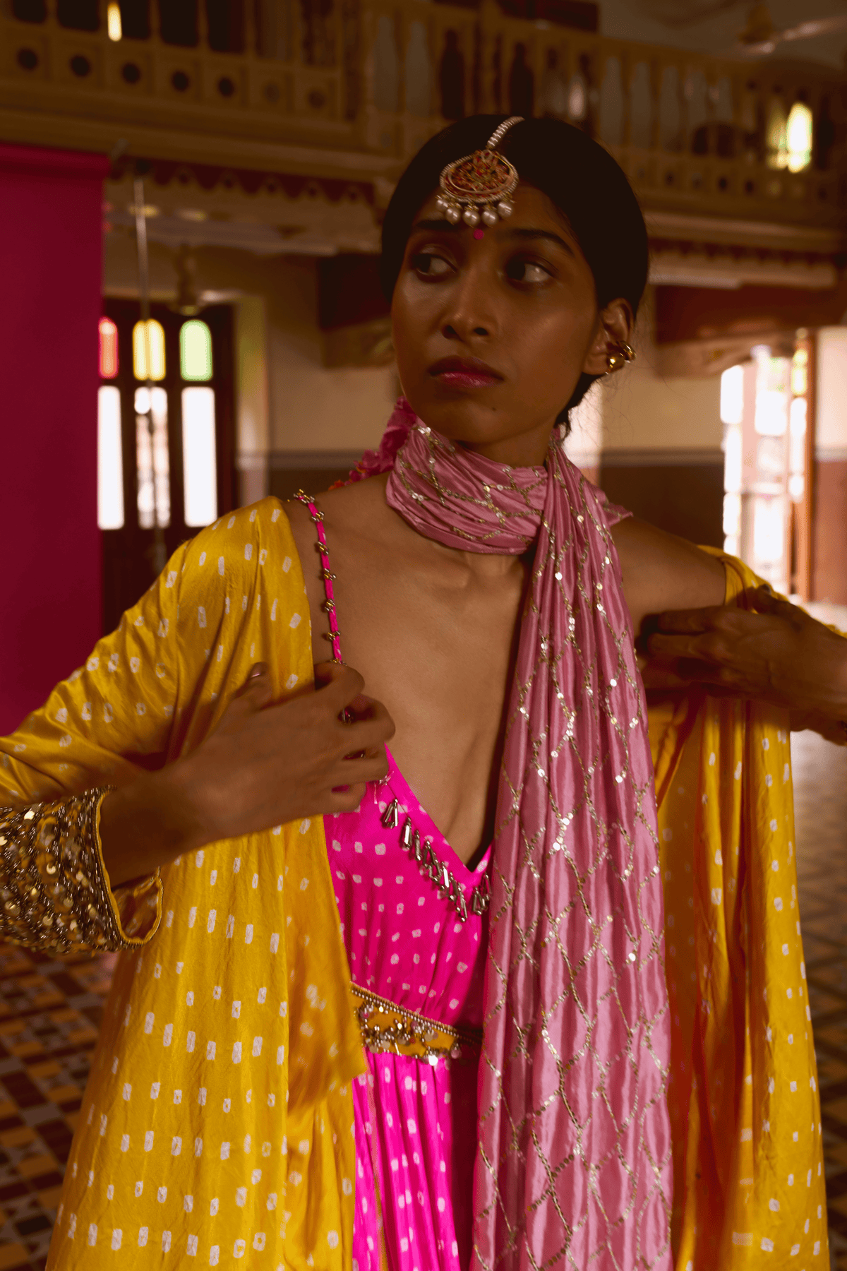 Pink Bandhani Jacket With Kurta Set