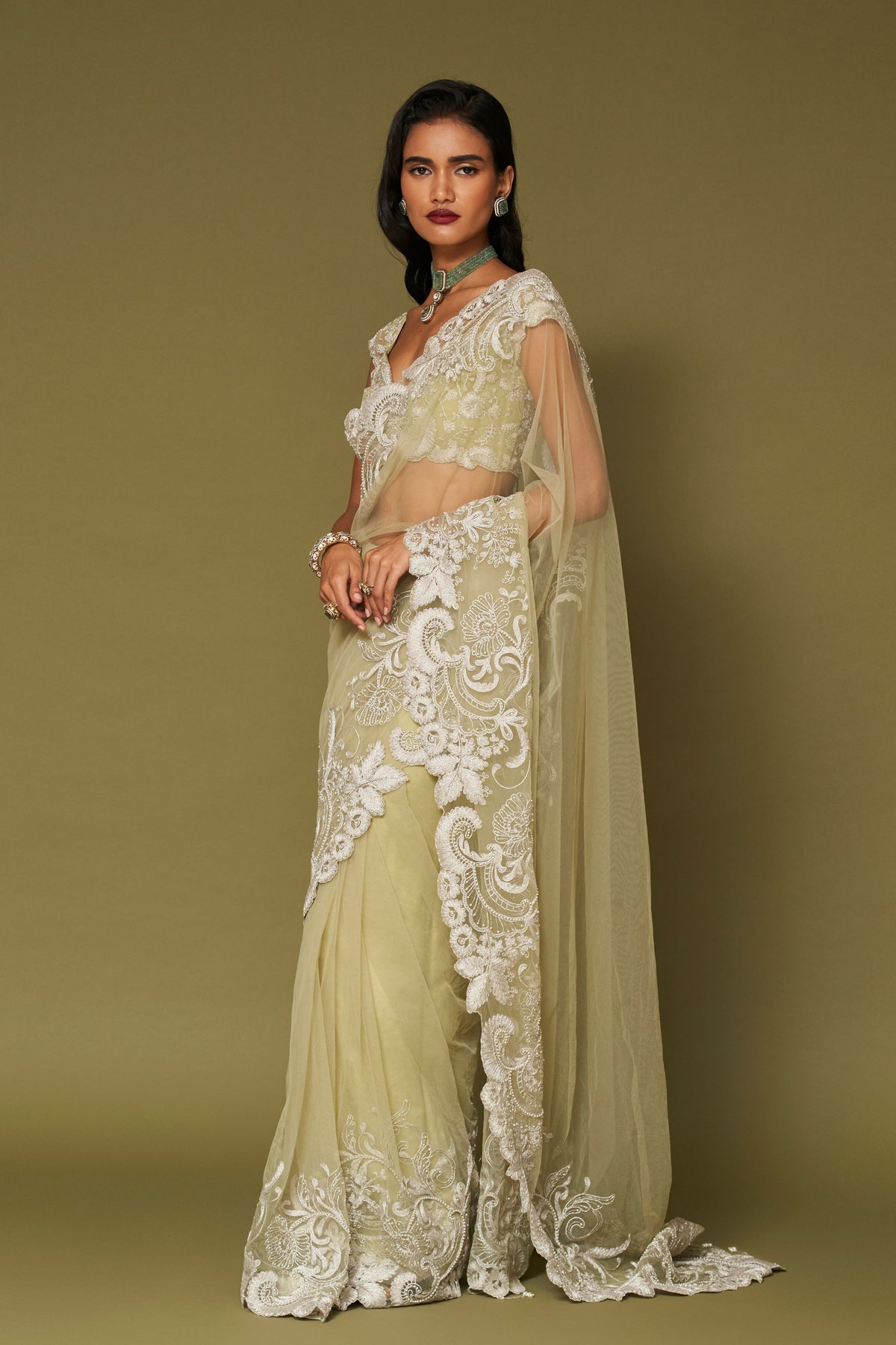 Pistachio Embroidered Net Saree Set