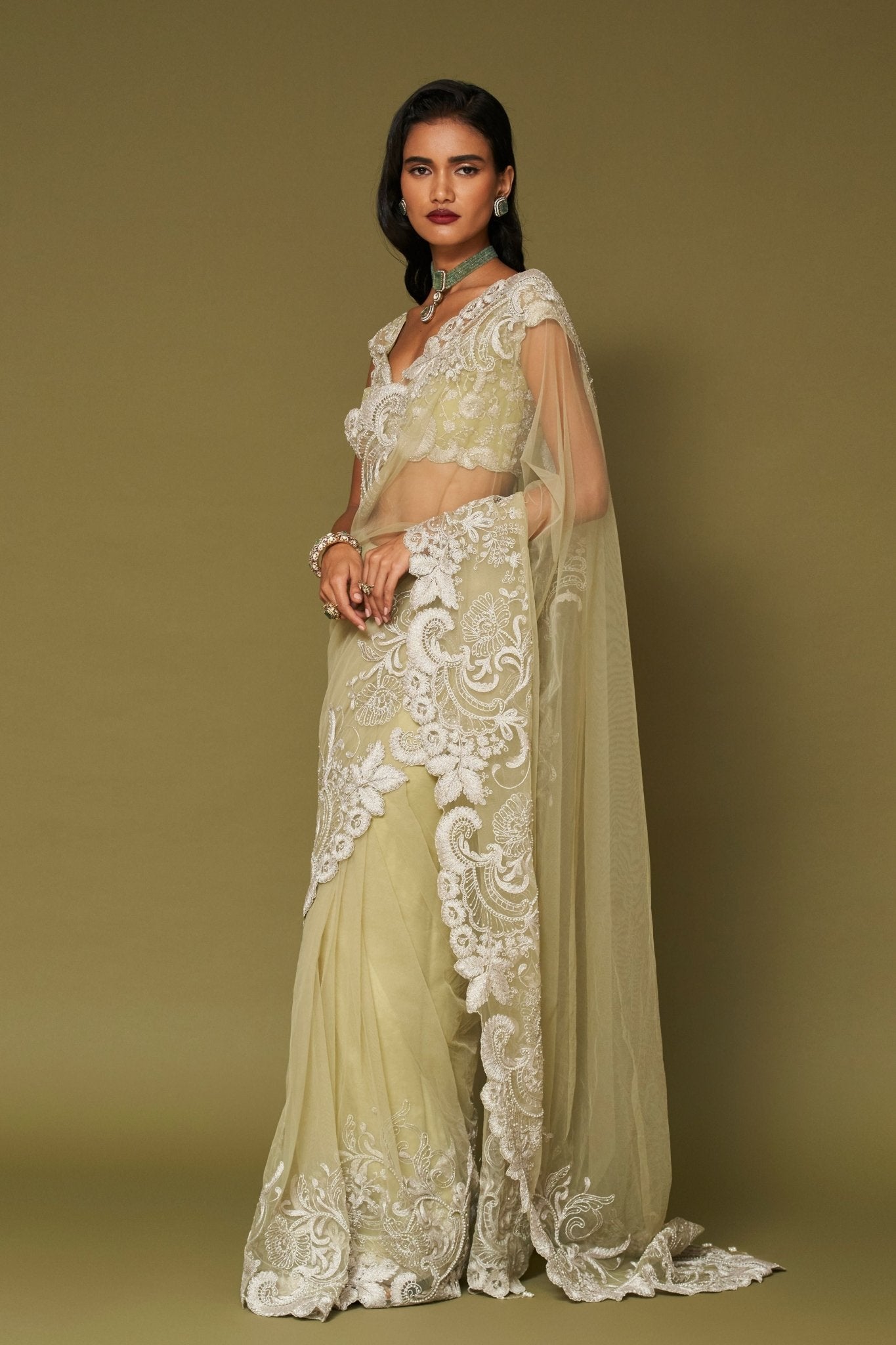 Pistachio Embroidered Net Saree Set - Devnaagri - Elahe