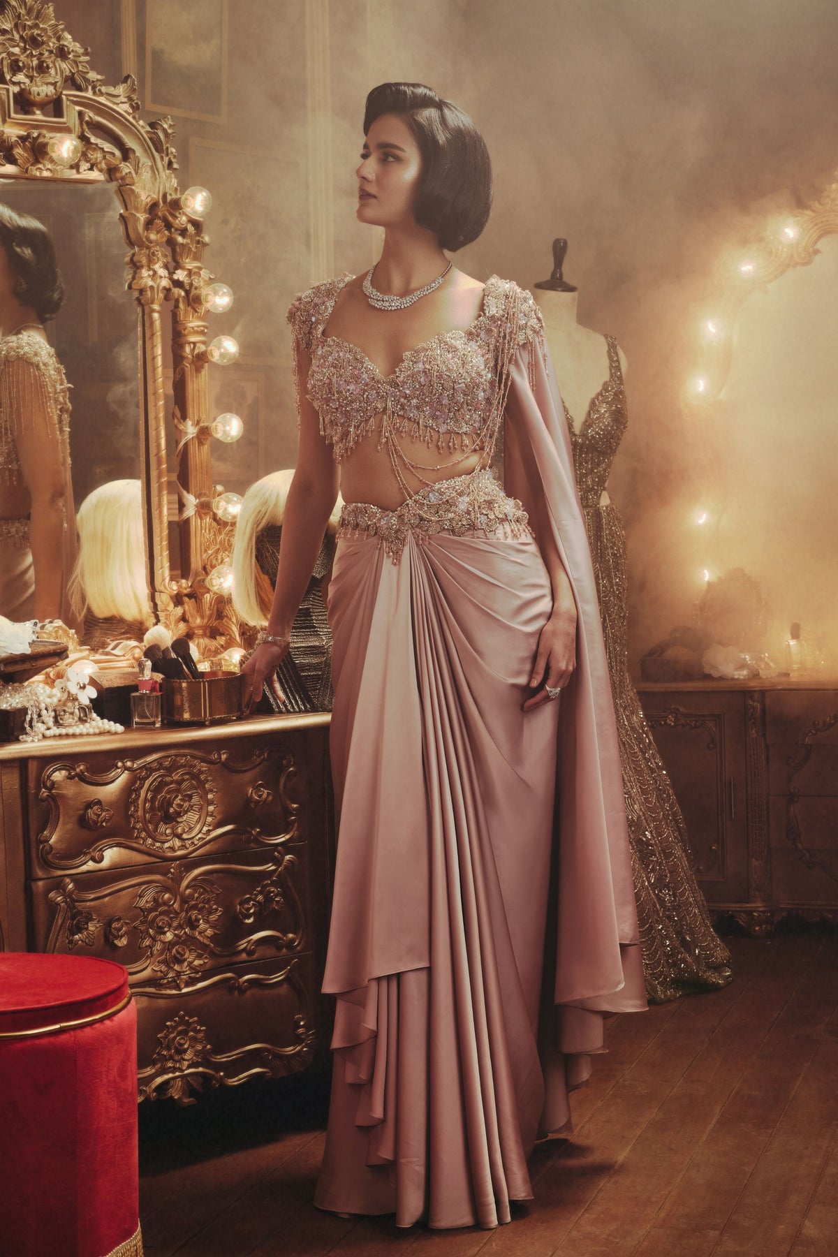 Rose Pink Draped Skirt Set