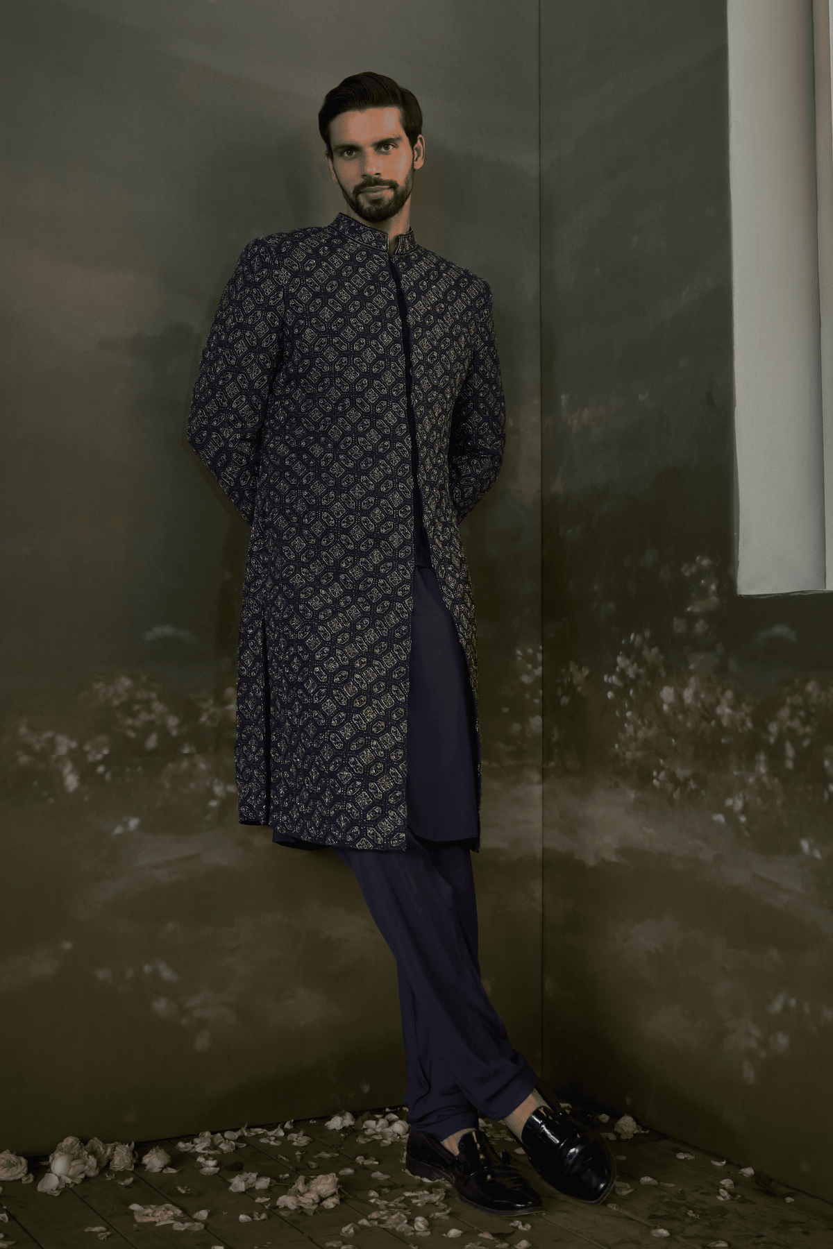Navy blue Embroidered Sherwani Set