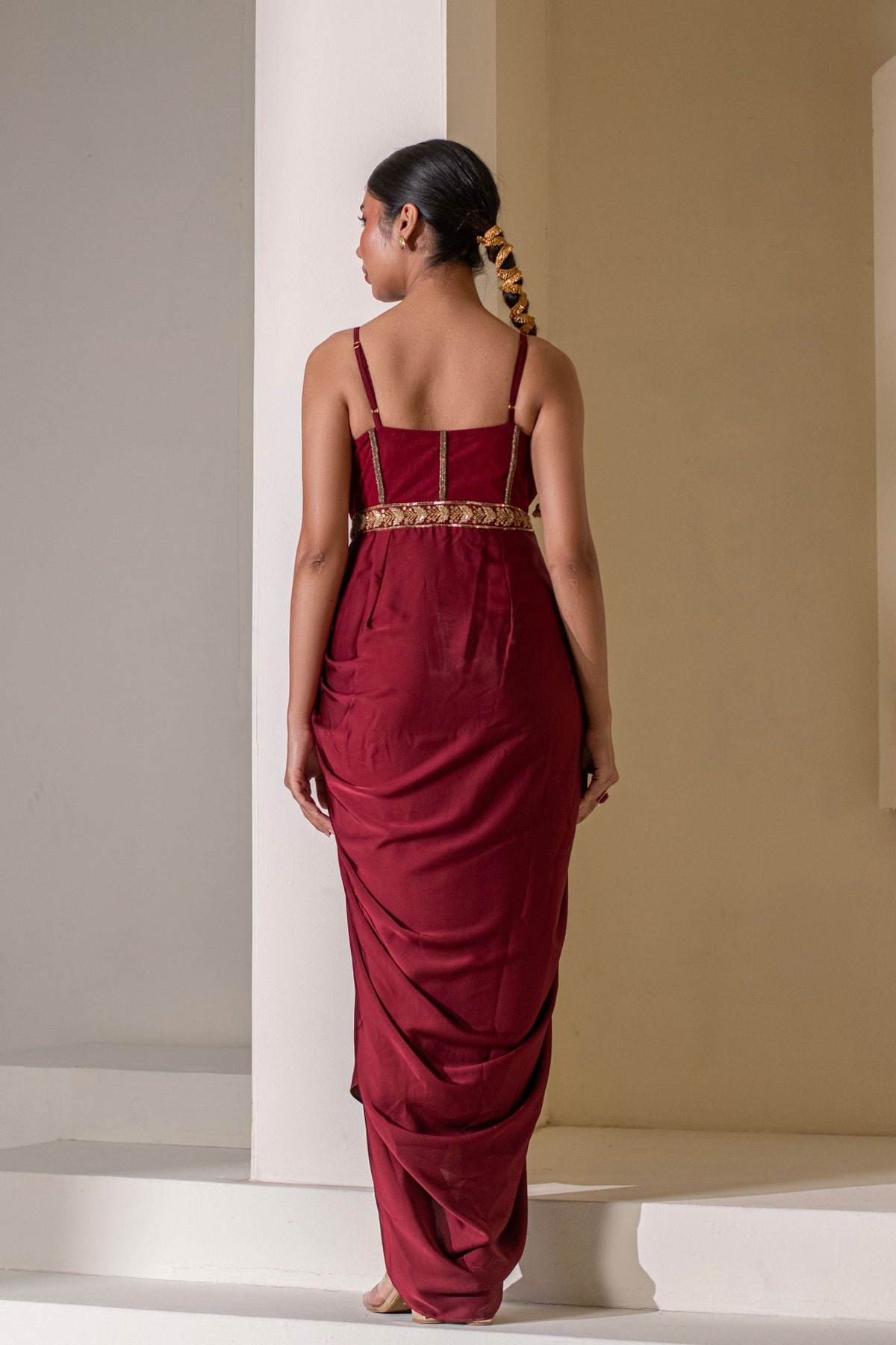 Maroon  Pre-Draped Saree Dress