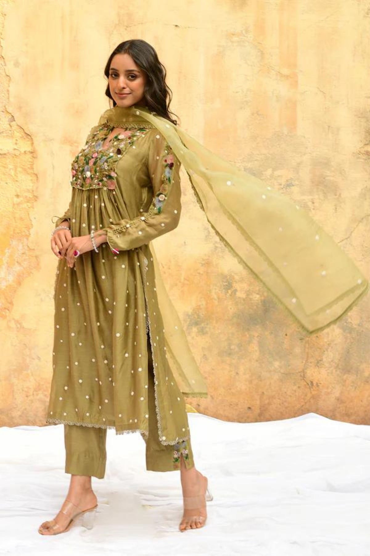 Olive Green Orchid Kurta Set