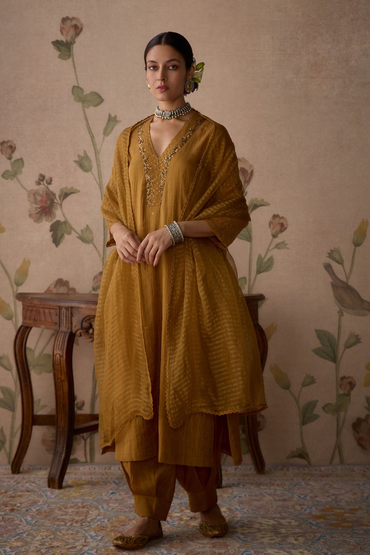 Mustard Hand Embroidered Kurta Set
