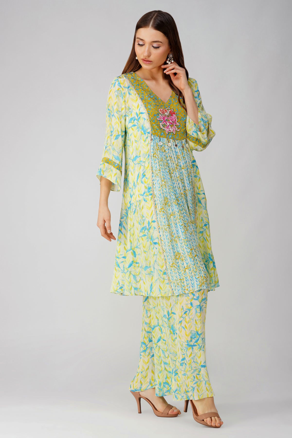 Leaf Print Panelled Tunic Set