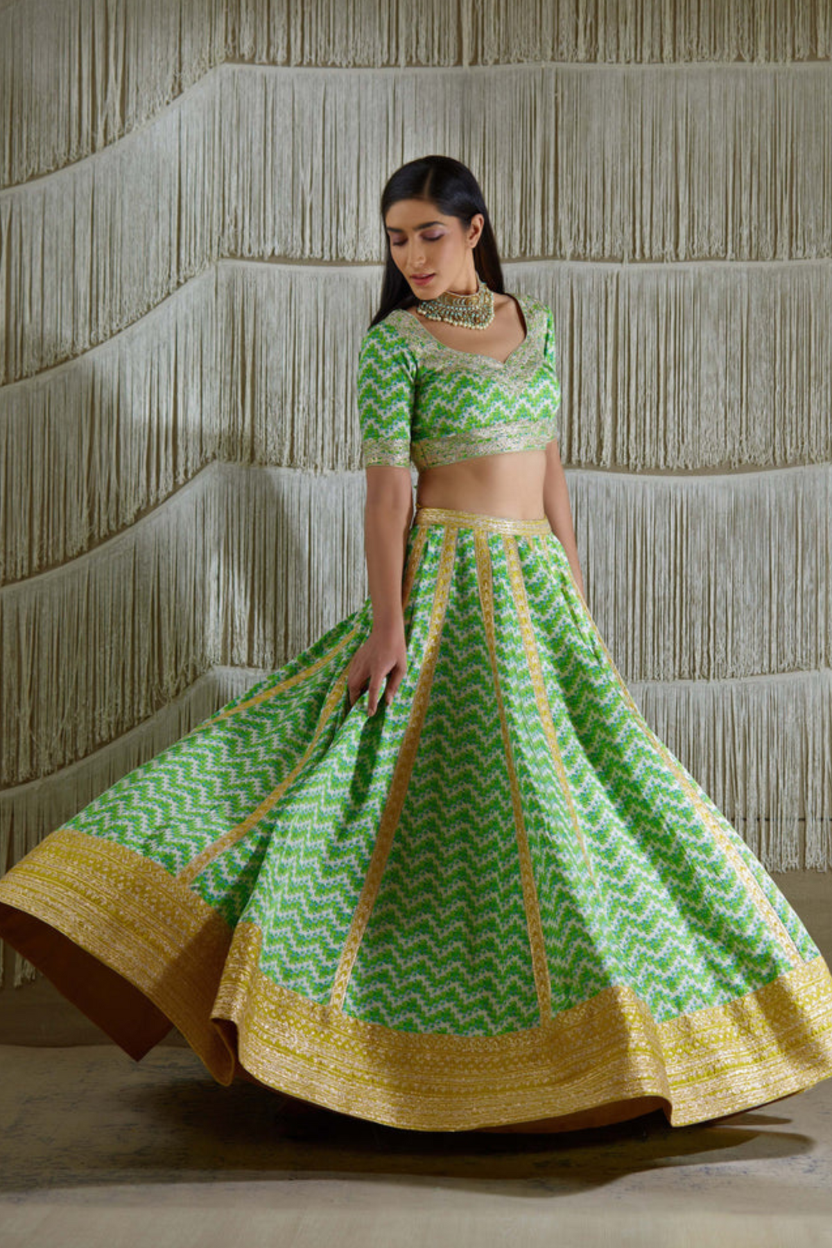 Green and yellow lehanga set