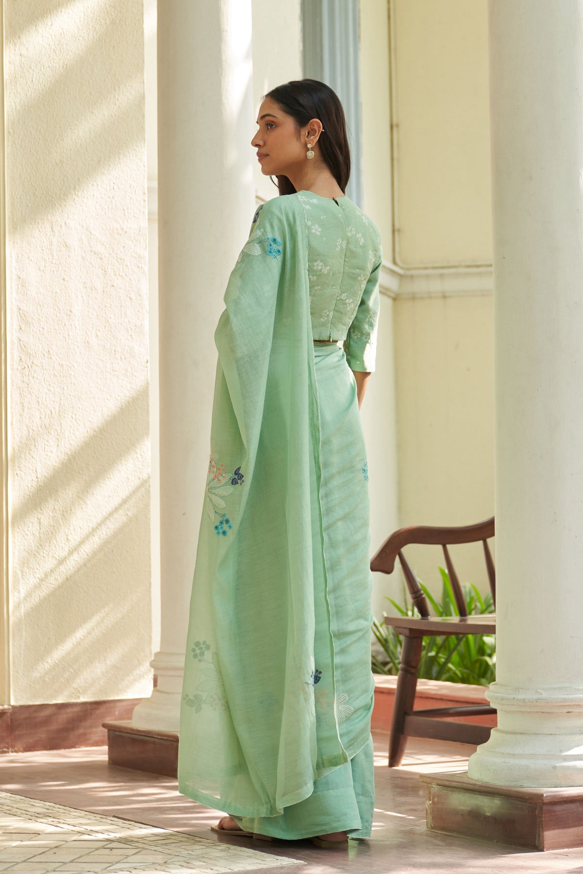Mint Floral Threadwork Saree