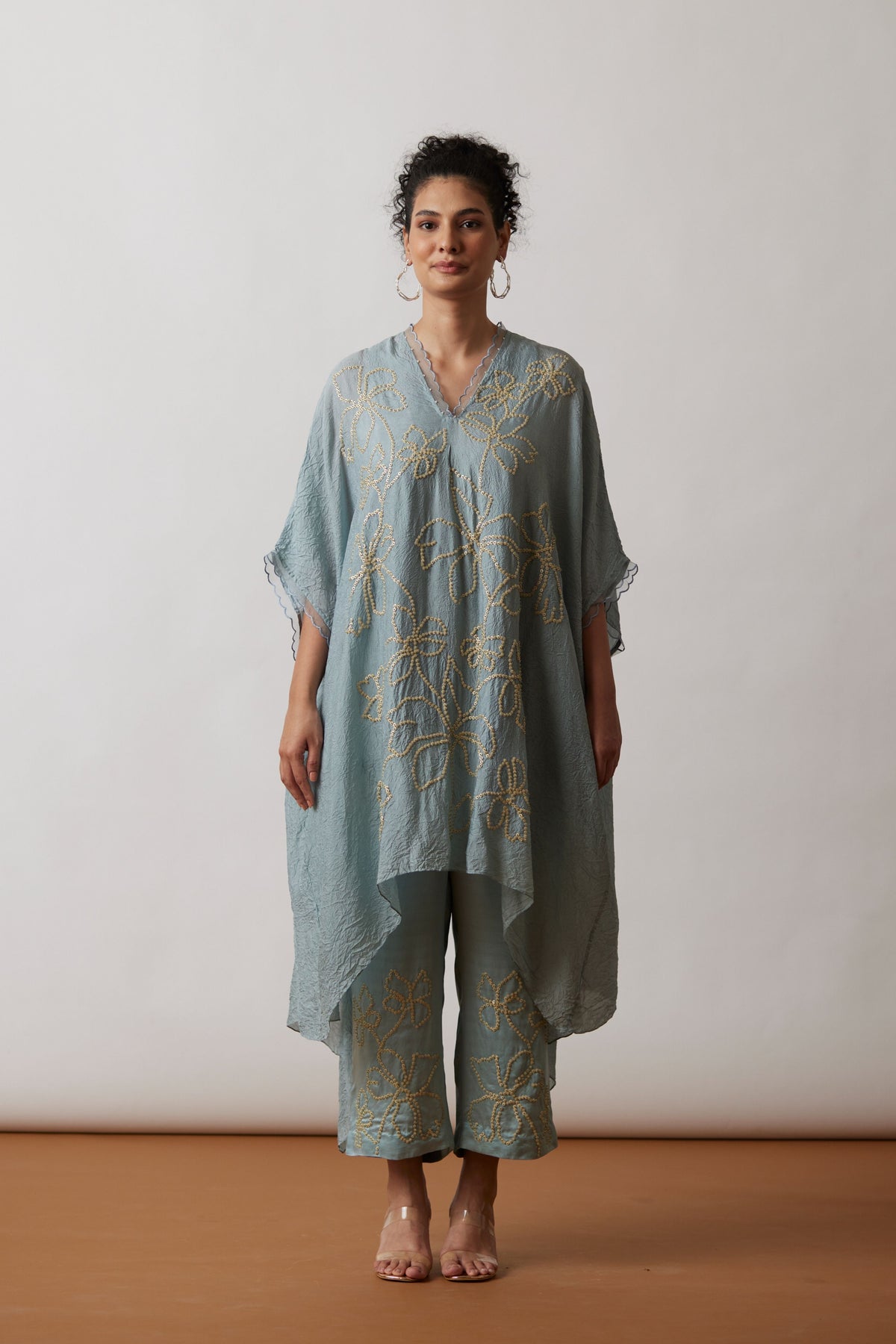 Cloud Blue Silk Crushed Kaftan Set
