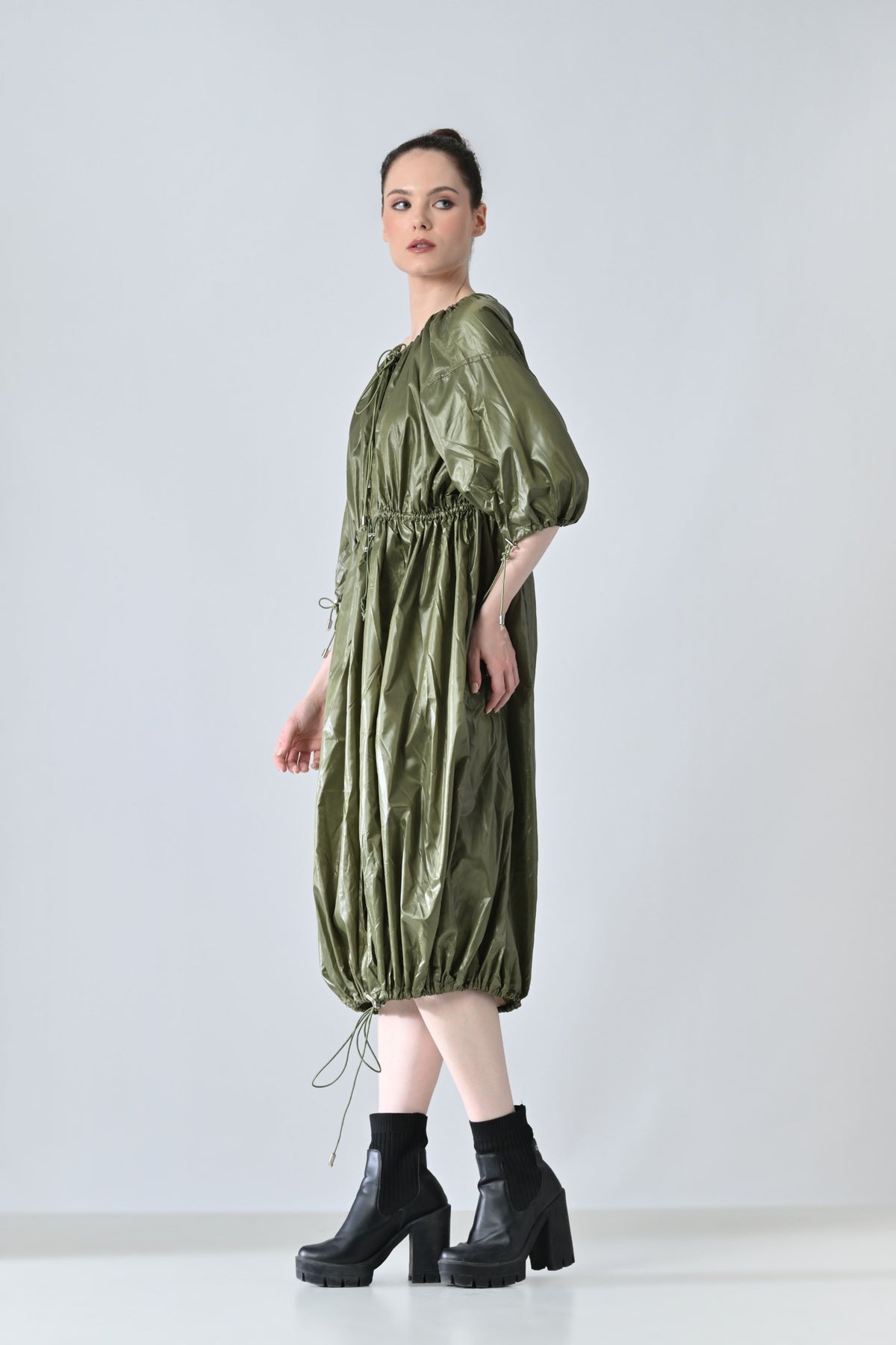 Olive Utility Gathered Ballon Dress