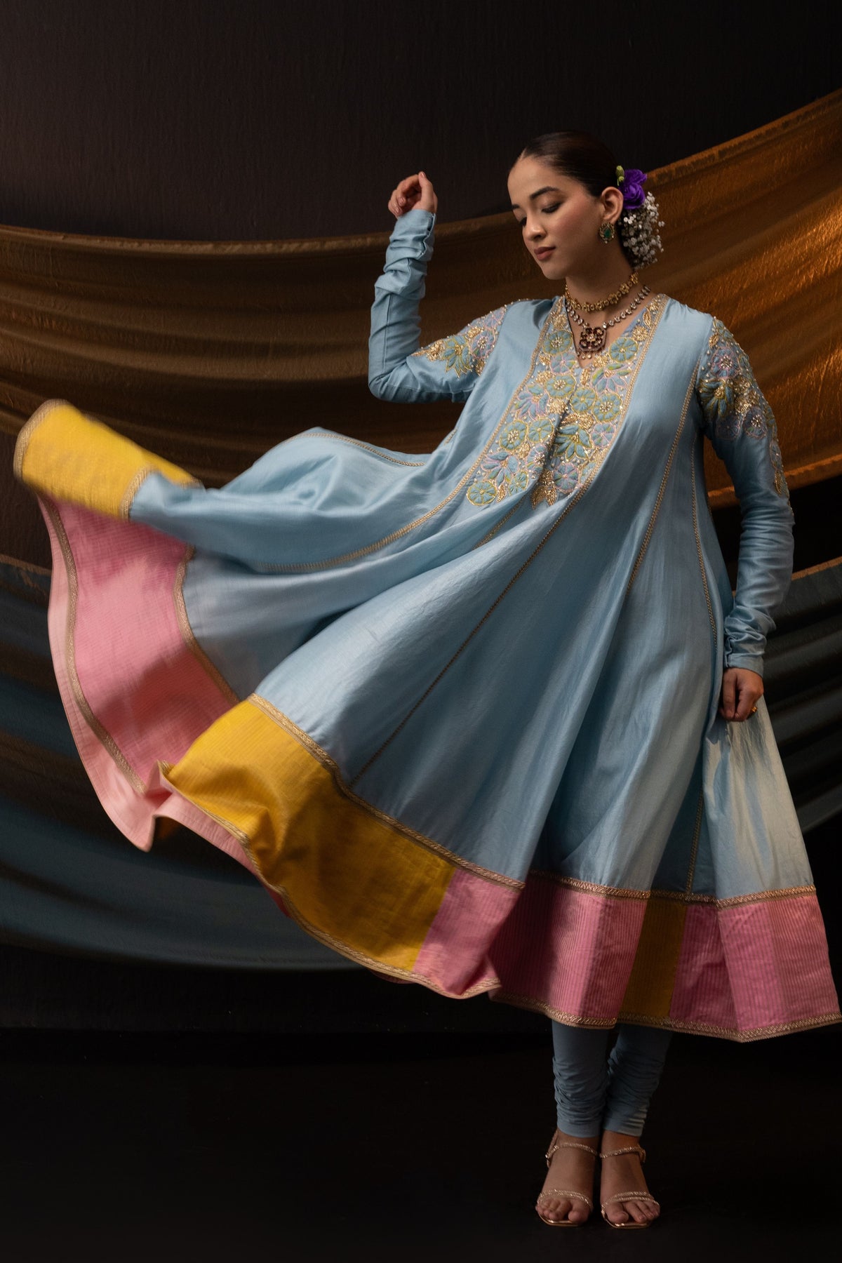 Blue 3D Embroidered Anarkali Set