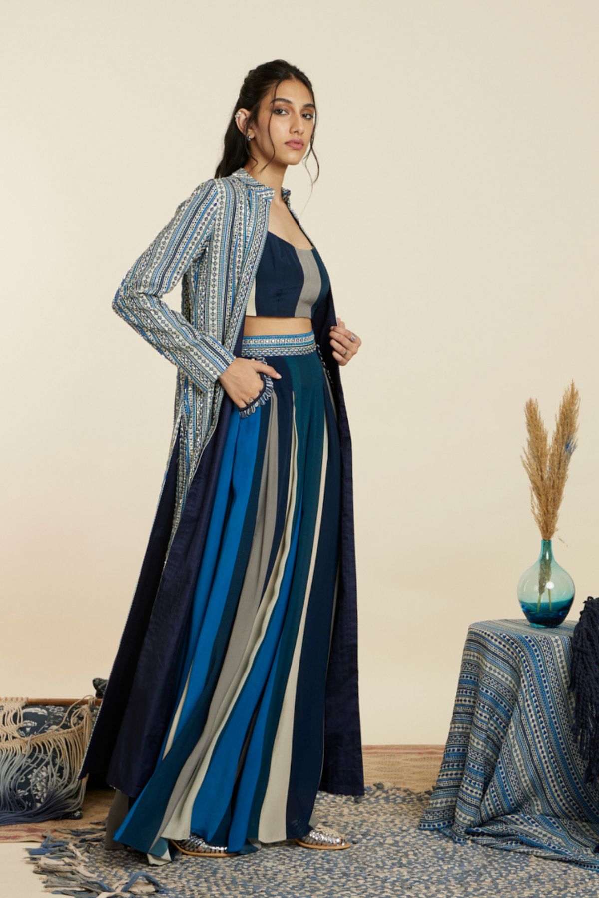 Blue Boho Stripe Embellished Jacket Set