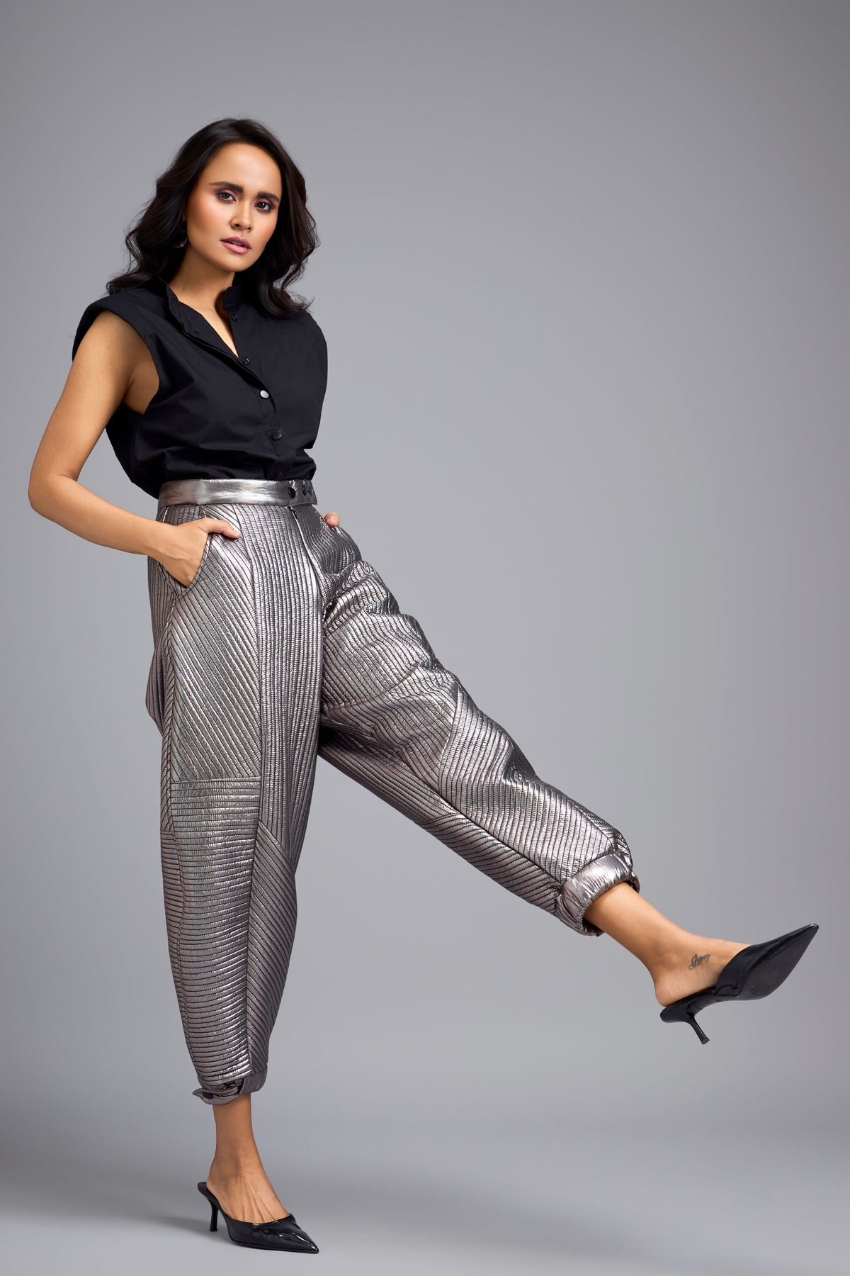 Metallic Gunmetal Quilted Pants