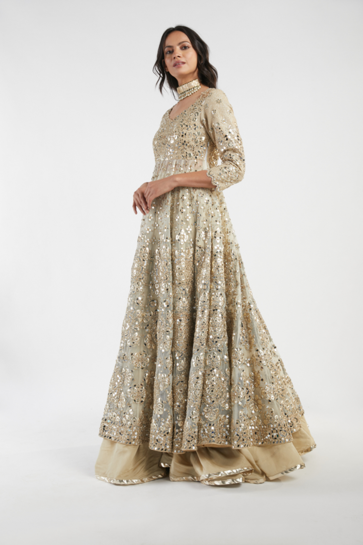 Beige and golden anarkali