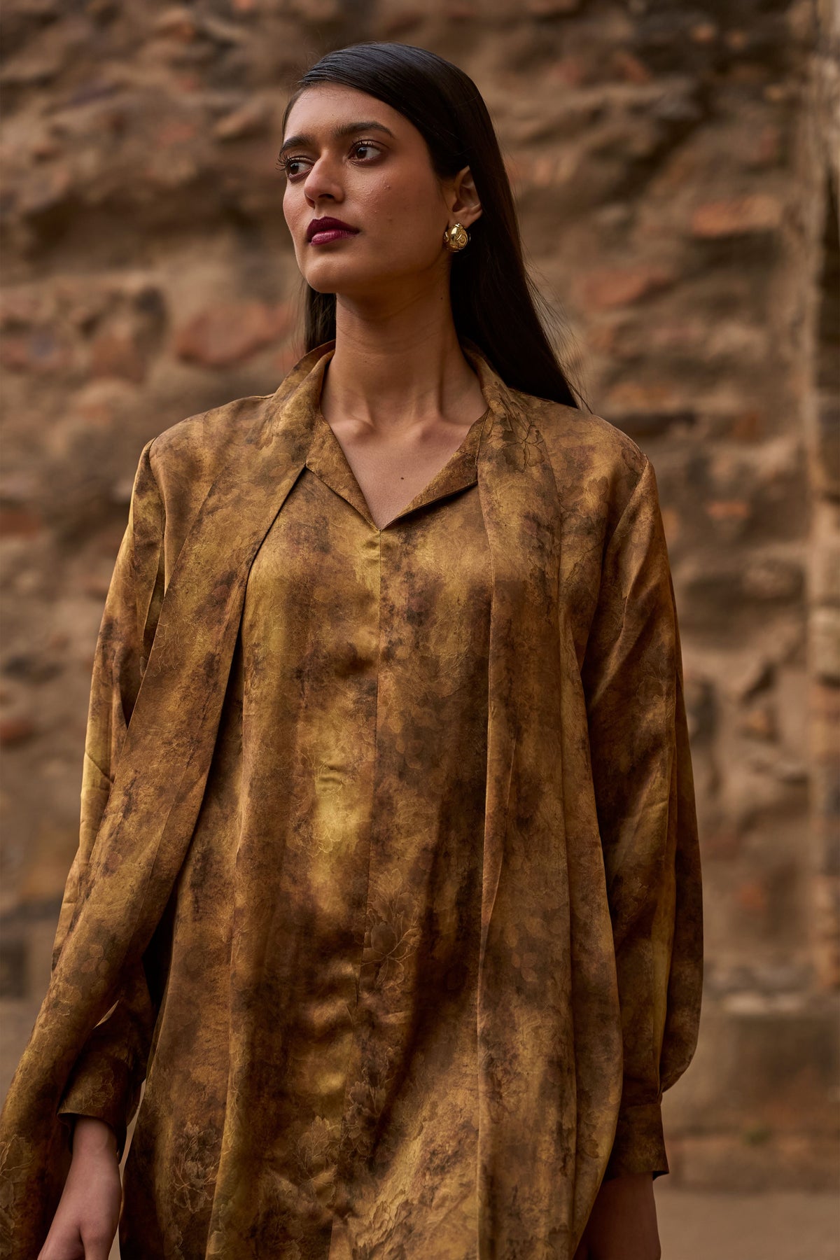 Mustard Neck Scarf Dress