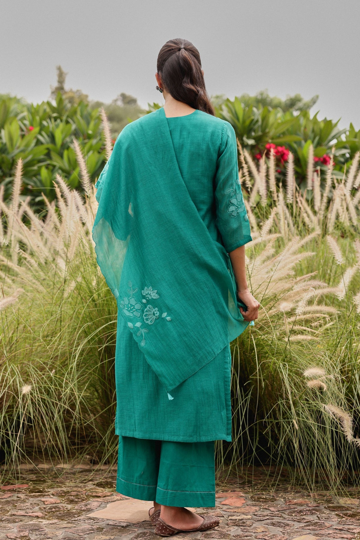 Teal Applique Embroidered Kurta Set