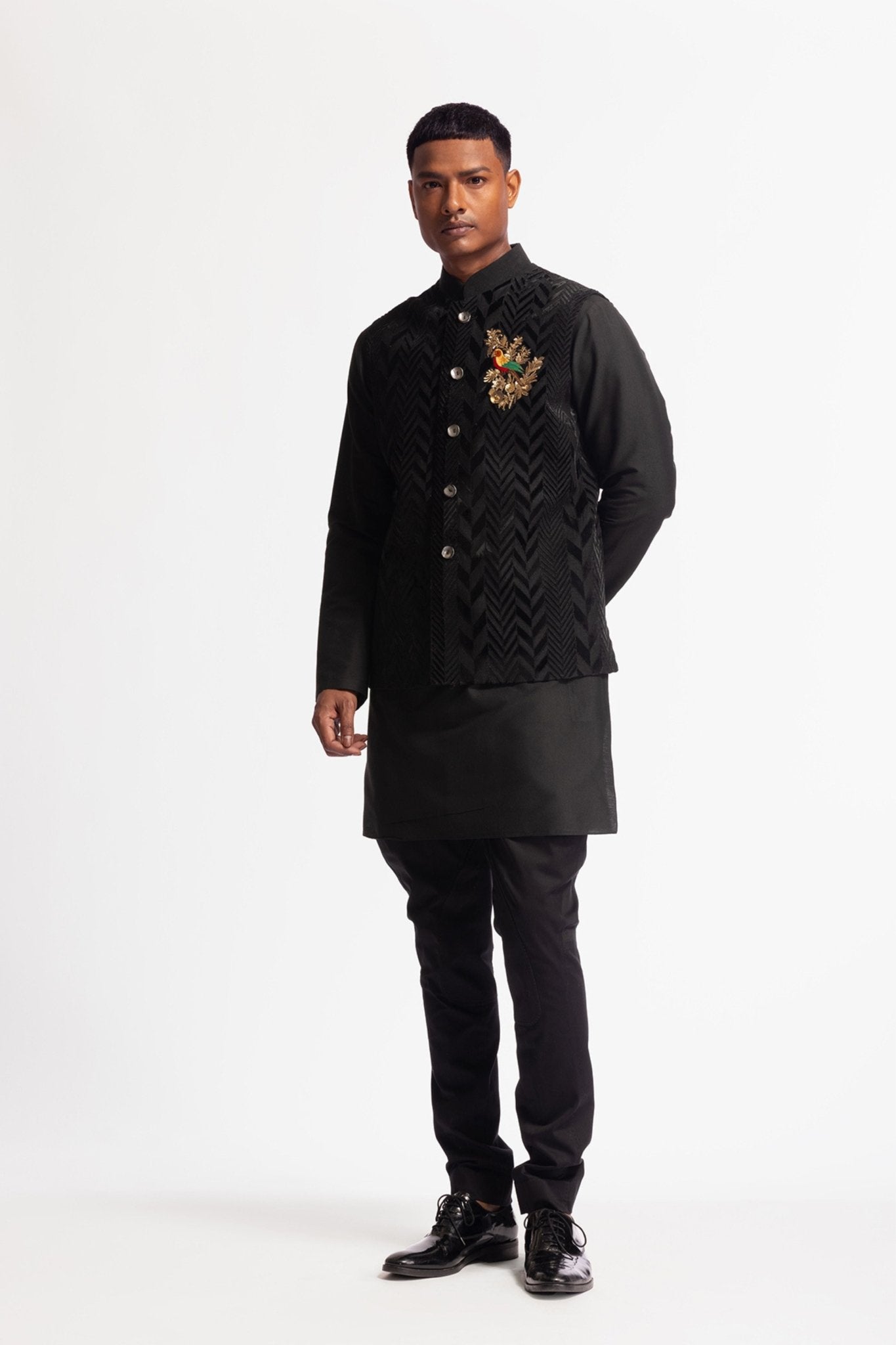 Black Applique Bundi - Rohit Bal Menswear - Elahe