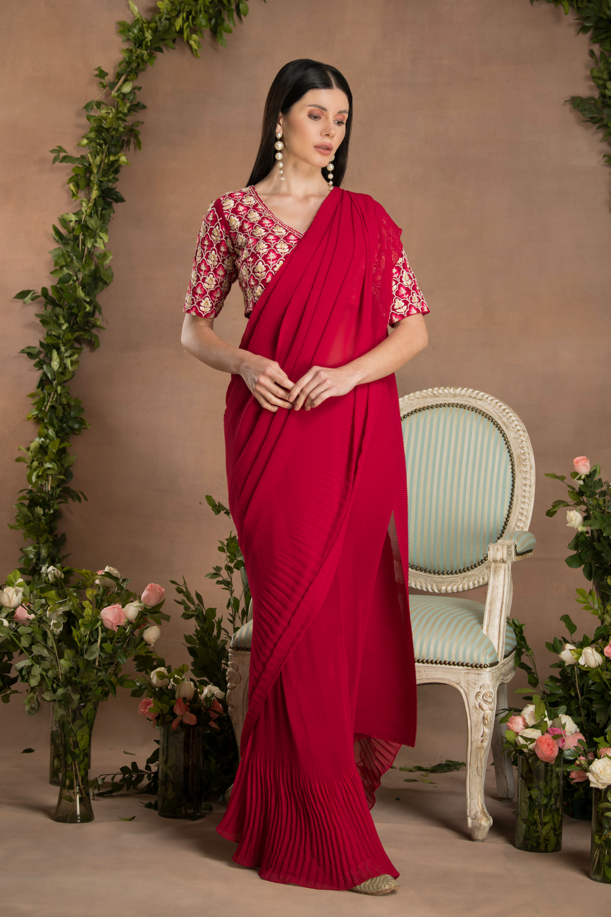 Pre Draped Ruby Red Saree