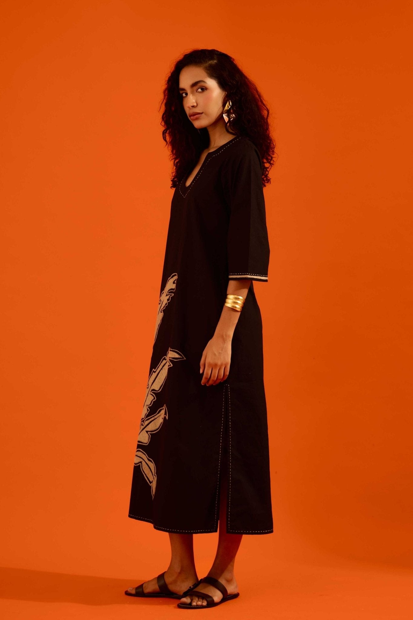 Leaf Motif Black Dress - Indian Summer Story - Elahe