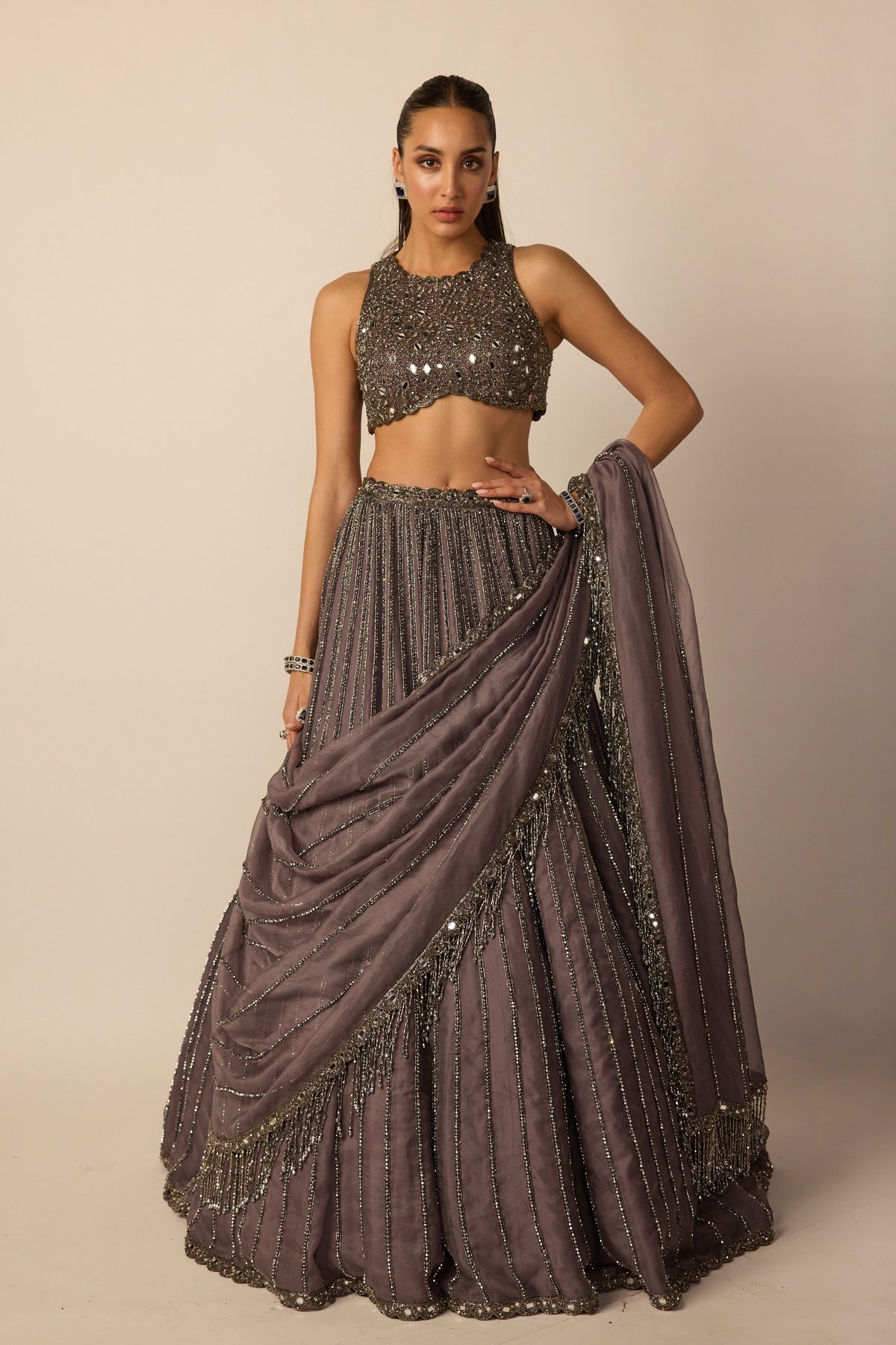 Metallic Grey Linear Lehenga Set